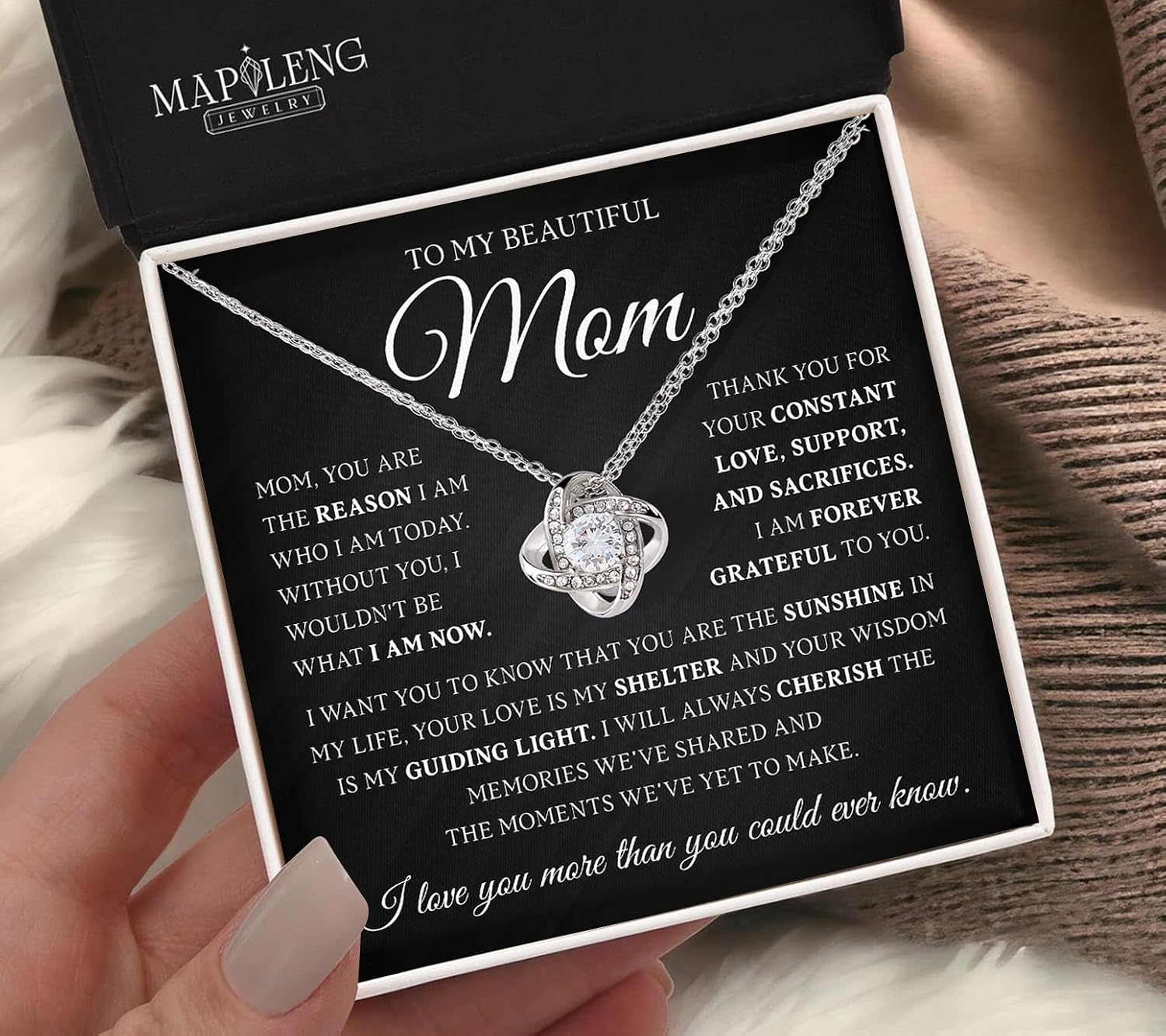 To My Mom – Love Knot Necklace from Daughter, Son with Heartfelt Message Card & Elegant Luxury Gift Box, A Meaningful Romantic Jewelry Gift for Mother’s Day, Birthday, Anniversary & Christmas