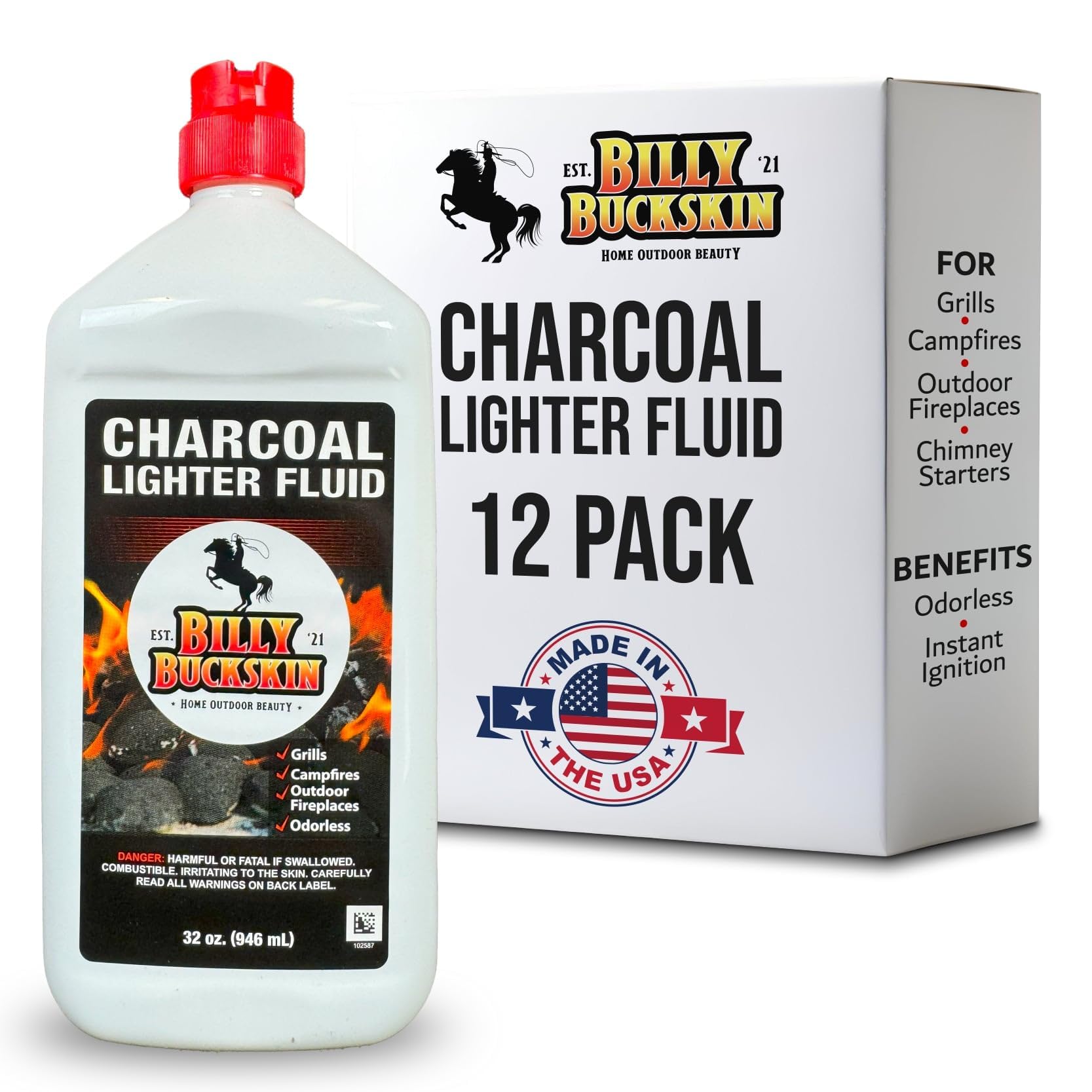 Billy Buckskin Charcoal Lighter Fluid, Clean Burning, 1 Quart, 12-Pack