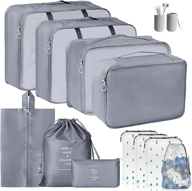 Packing Cubes for Suitcase,ZDKGER 12 PCS Packing Cubes Travel Luggage Organizers Waterproof Suitcase Organiser Bags Travel Essentials Bag Clothes Shoes Storage Bags - Grey