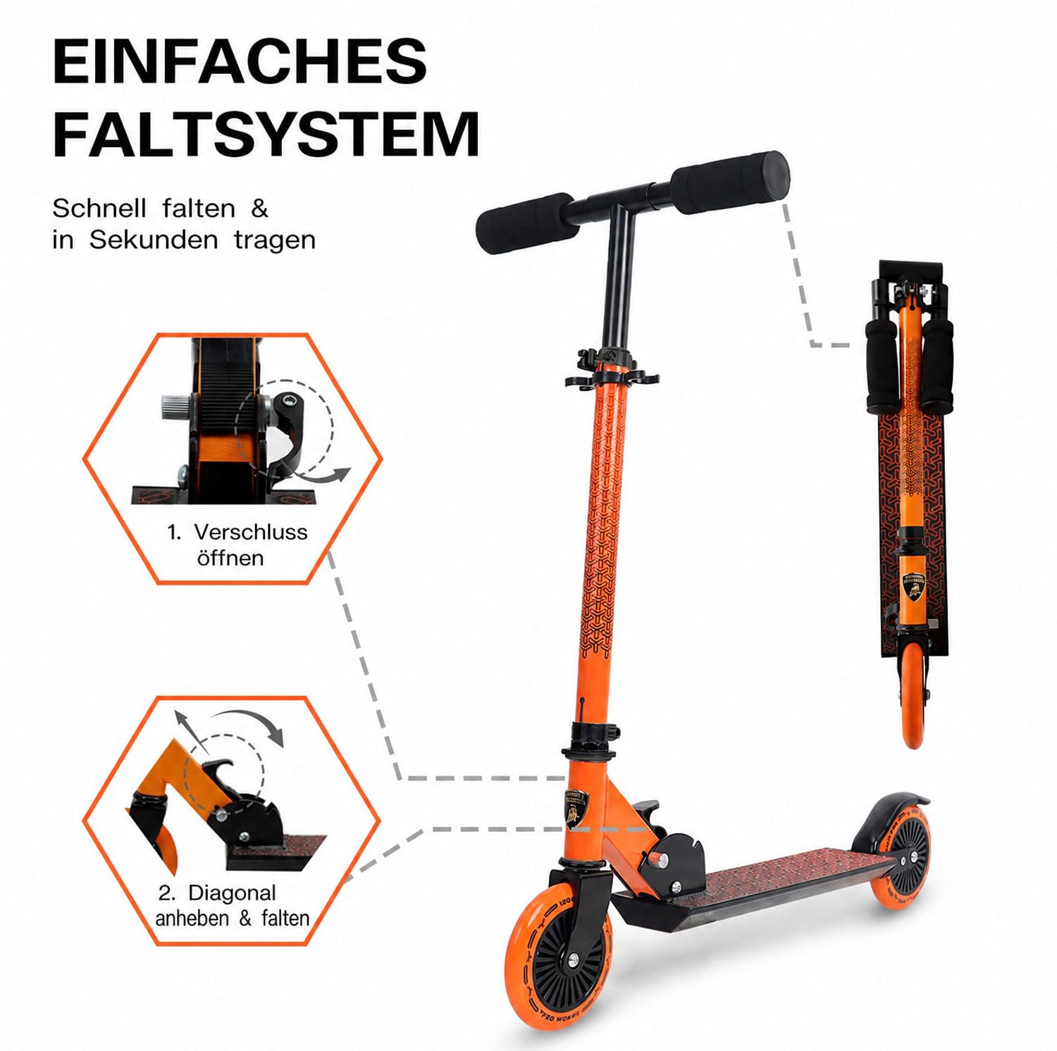 Lamborghini Roller Kinder 5+ Jahre, 2 Räder Scooter, Orange | Faltbar, Höhenverstellbar, Leichtgewichtig, Rutschfeste Trittfläche & Schaumstoffgriff