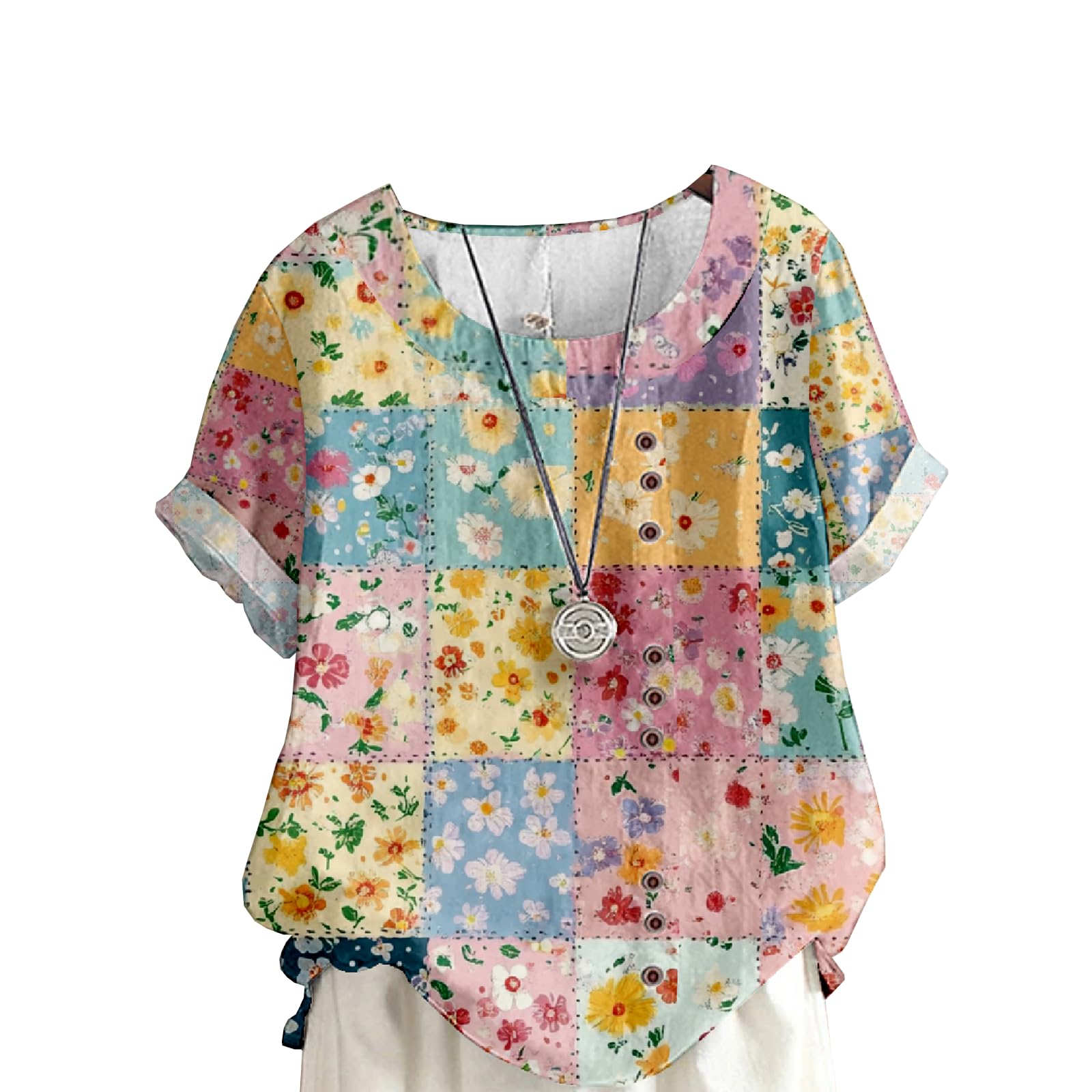 CUWFAT Wildflower Graphic T-Shirts for Women Casual Lightweight Patchwork Blouses Summer Puffed Short Sleeve Tee