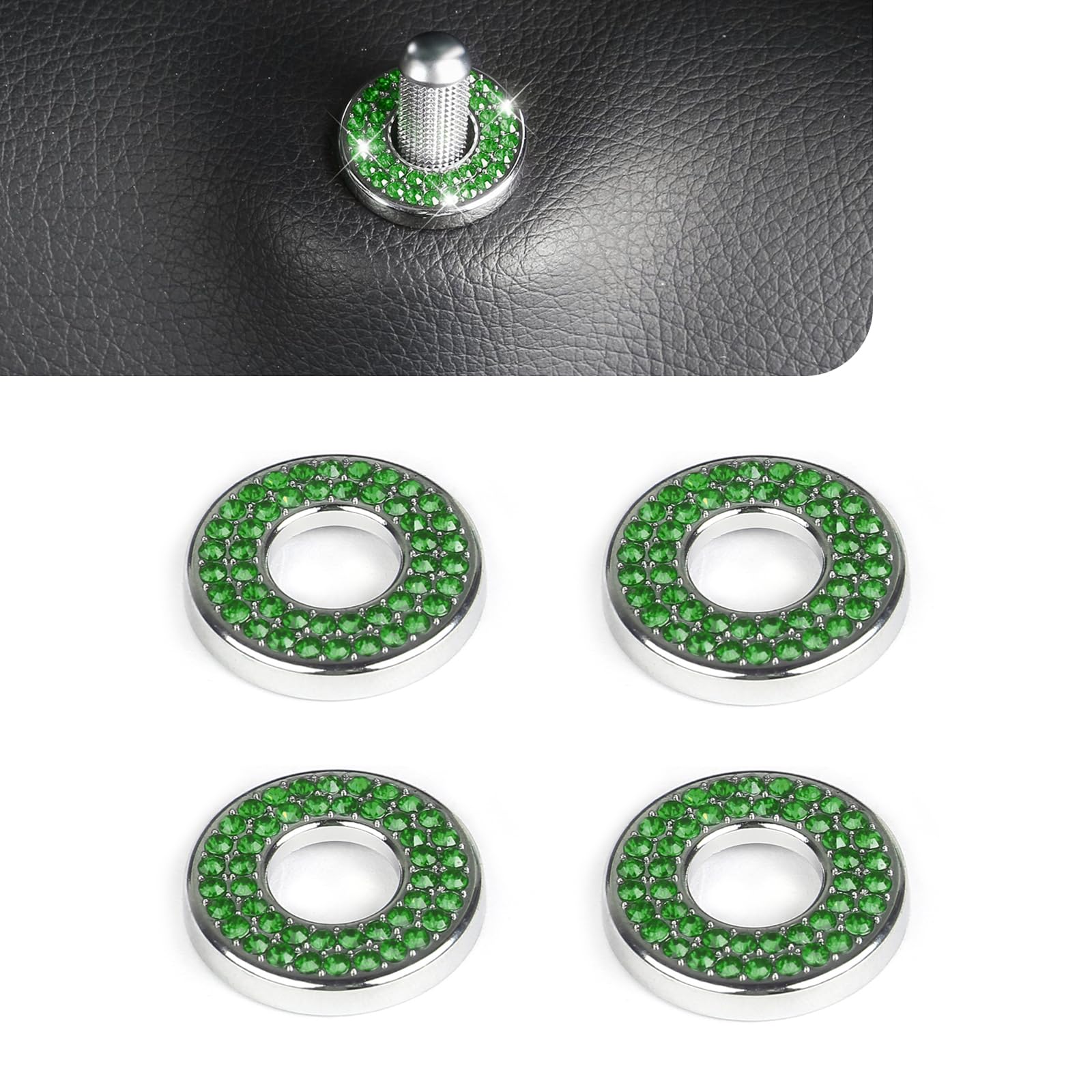 Pack-4 Car Door Lock Cover, Rhinestones Pull Rod Bolt Decorations, Crystal Auto Decals, Door Bolt Cap, Compatible with Mercedes Benz E-Class A-Class B-Class C-Class/GLC/GLA/GLK (Green)