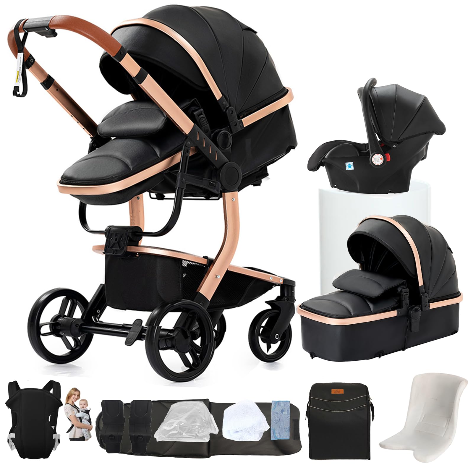 NADDLILY Pelle PU Passeggino Trio, Passeggino 3 in 1 con Spinta Reversibile a Due Vie, Trio Neonati con Accessori, Carrozzina per Neonati con Design Portatile Pieghevole Un Clic (L518 Black)