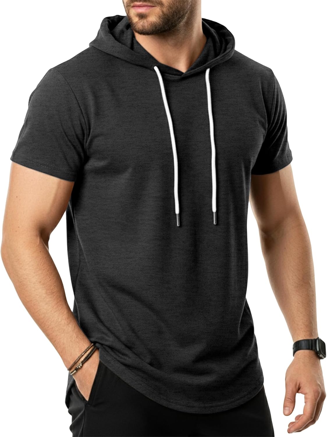 GIVON Men's Short Sleeve Pullover Hoodie Hipster Longline Hooded Shirt Lightweight Cotton Blend Casual Streetwear