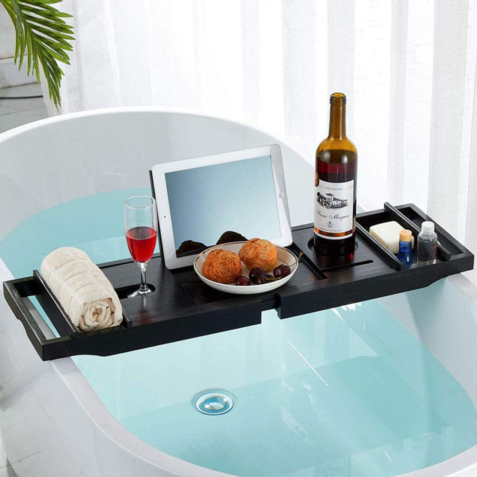 Bandeja de bambú para bañera, Bandeja organizadora de baño Extensible, Bandeja para bañera, con toallero de baño, Soporte de Cristal, Soporte de Lectura, Soporte para Tableta, Bandeja para