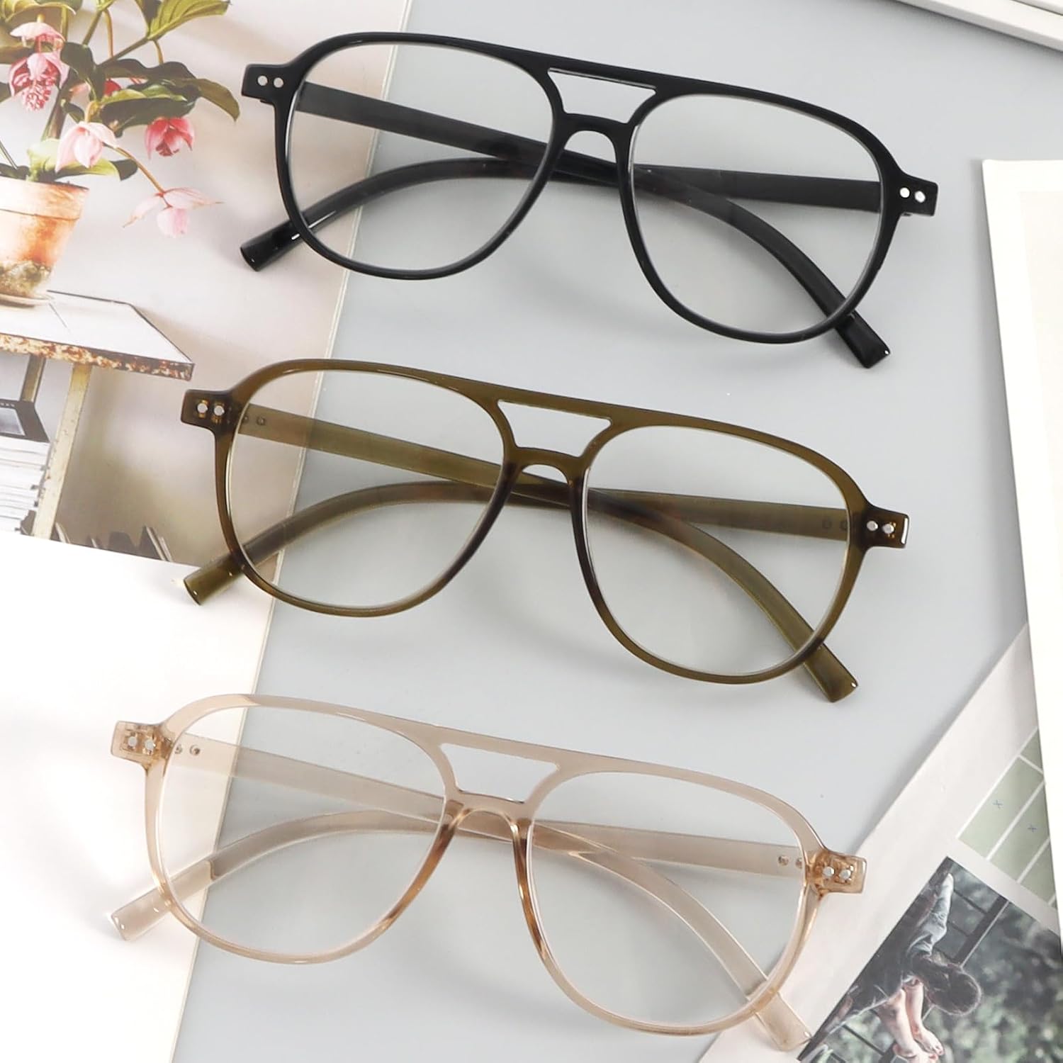 MMOWW 3 Pack Oversized Aviator Reading Glasses for Women Men Stylish Double Bridge Pilot Style Blue Light Blocking Readers - Image 7