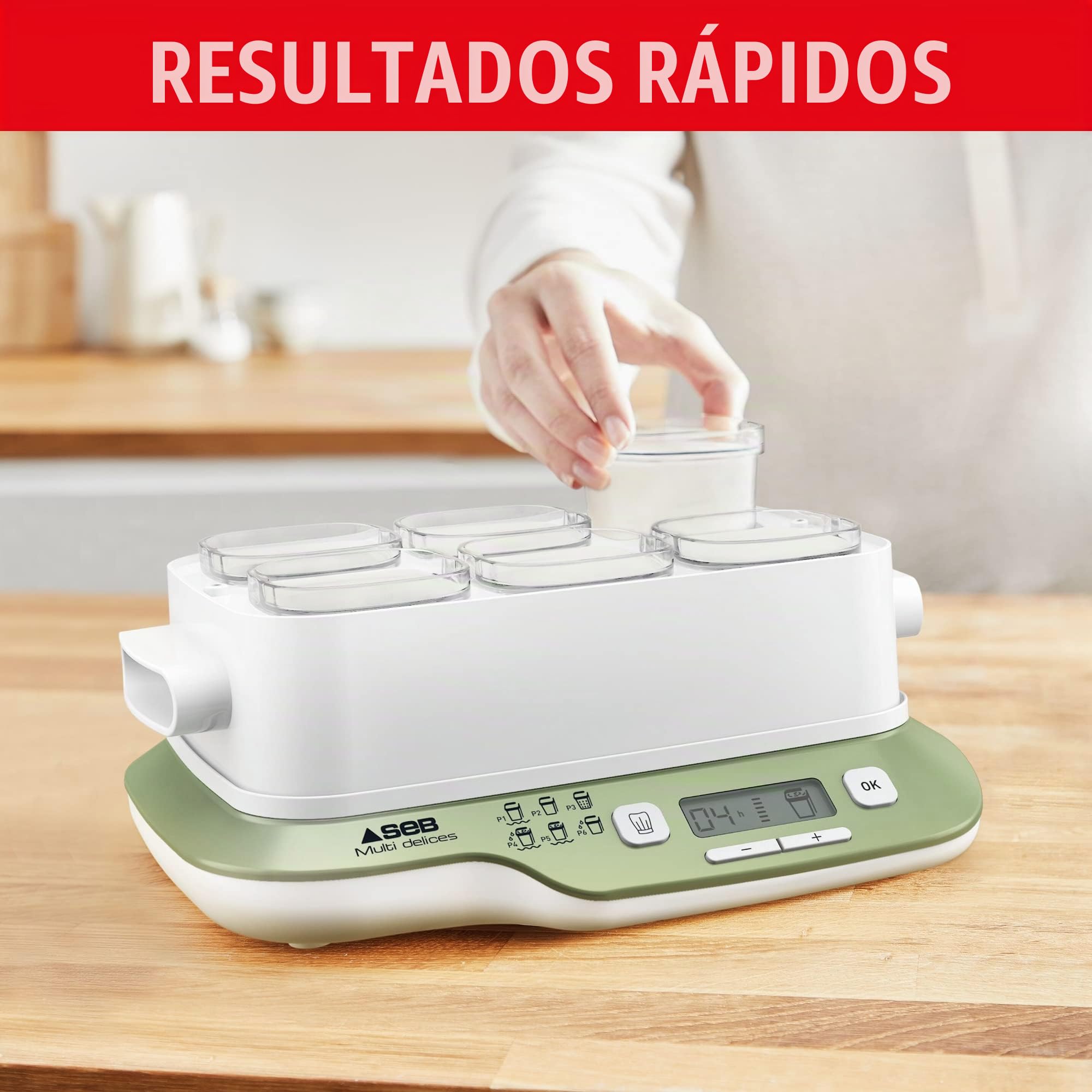 Seb Multi Delices Express Vegetal Yogurtera 6 tarros de vidrio 140 ml, libre de BPA, 6 programas, programa expreso, fabricado en Francia YG660A11