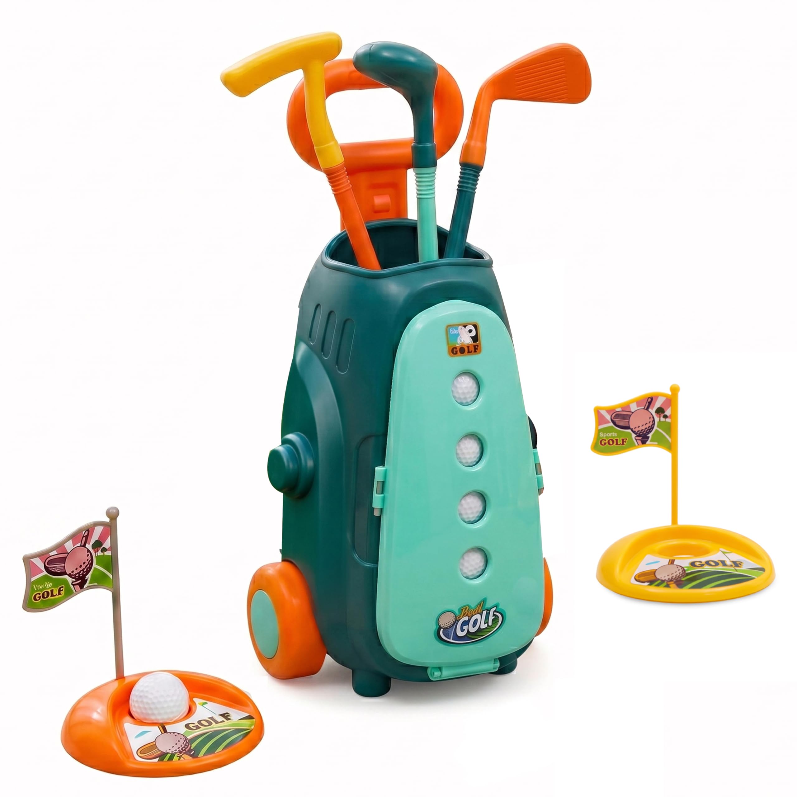 The Magic Toy Shop Kids Golf Set with Rolling Trolley - Includes 3 Clubs, 4 Balls, Target Holes - Indoor & Outdoor Play, Toddler Garden Toys & Games, Early Sports Development