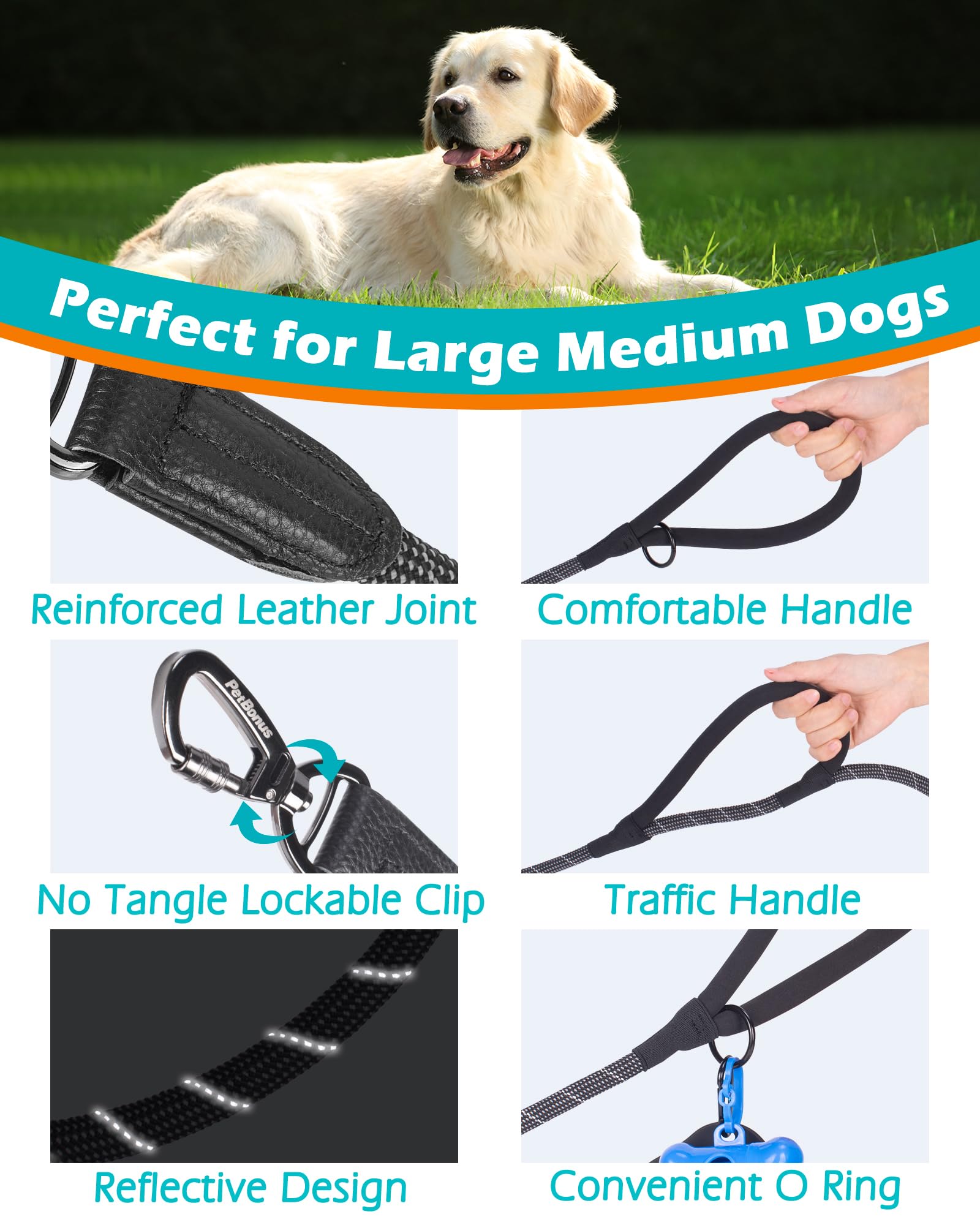 PetBonus Reflective Rope Dog Lead, 1.5 m Heavy Duty Pet Training Lead with Lockable Hook and 2 Comfortable Padded Handles - Image 2