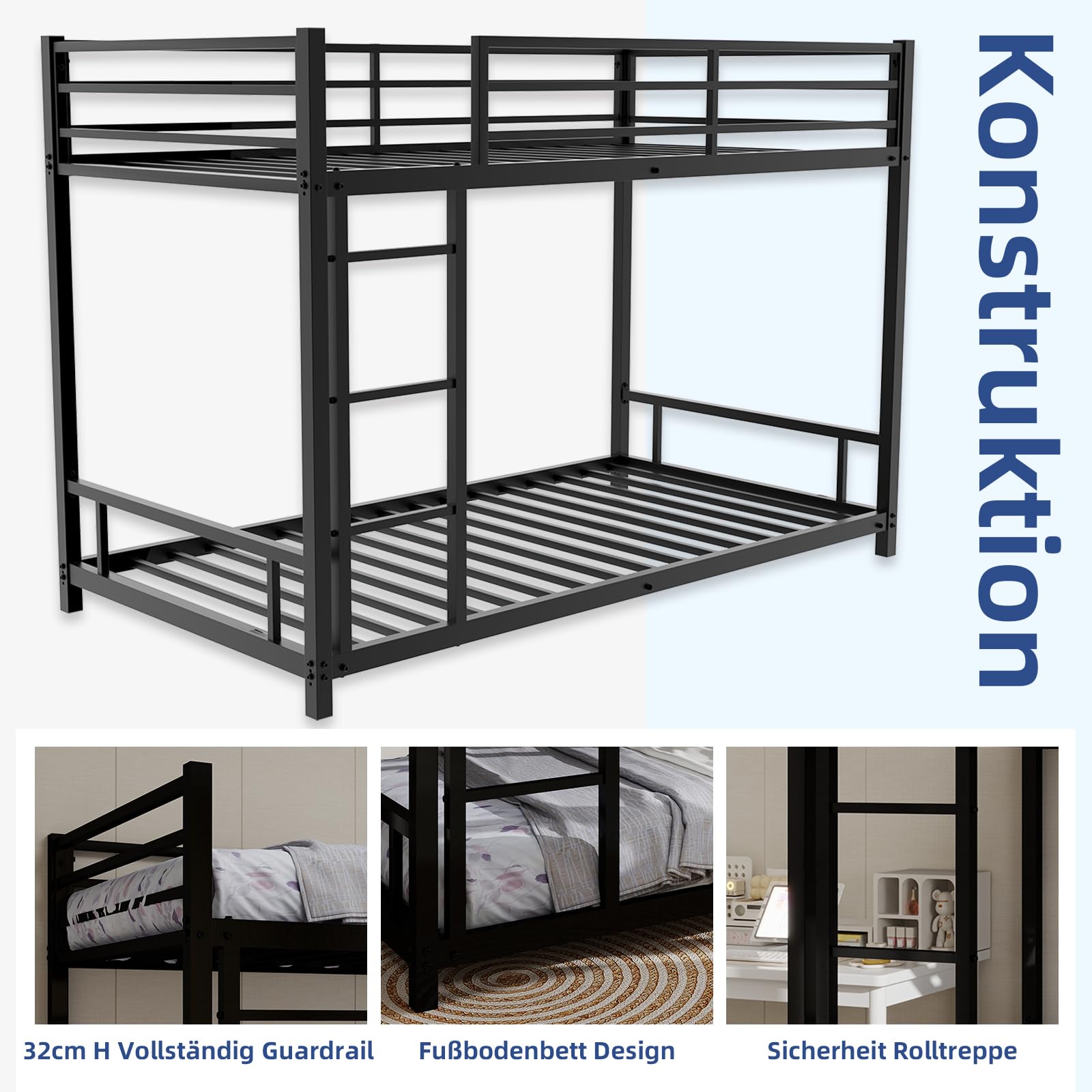 Lubvtti Litera para niños/adolescentes/adultos, cama para niños de 90 x 190 cm, de metal, con escalera y barandilla (C-negro)