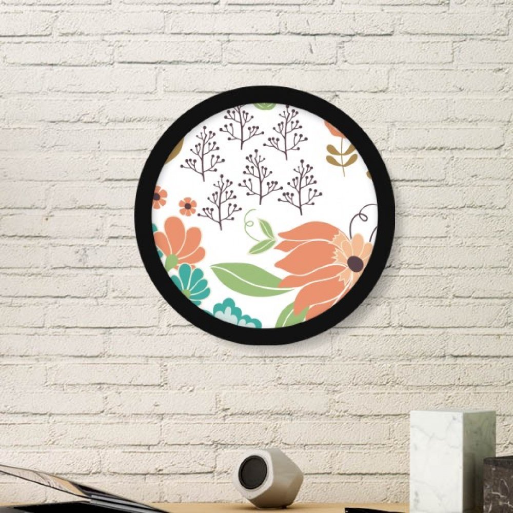 Peinture fleur plante blanche et orange dans son cadre photo ronde en bois noir Small