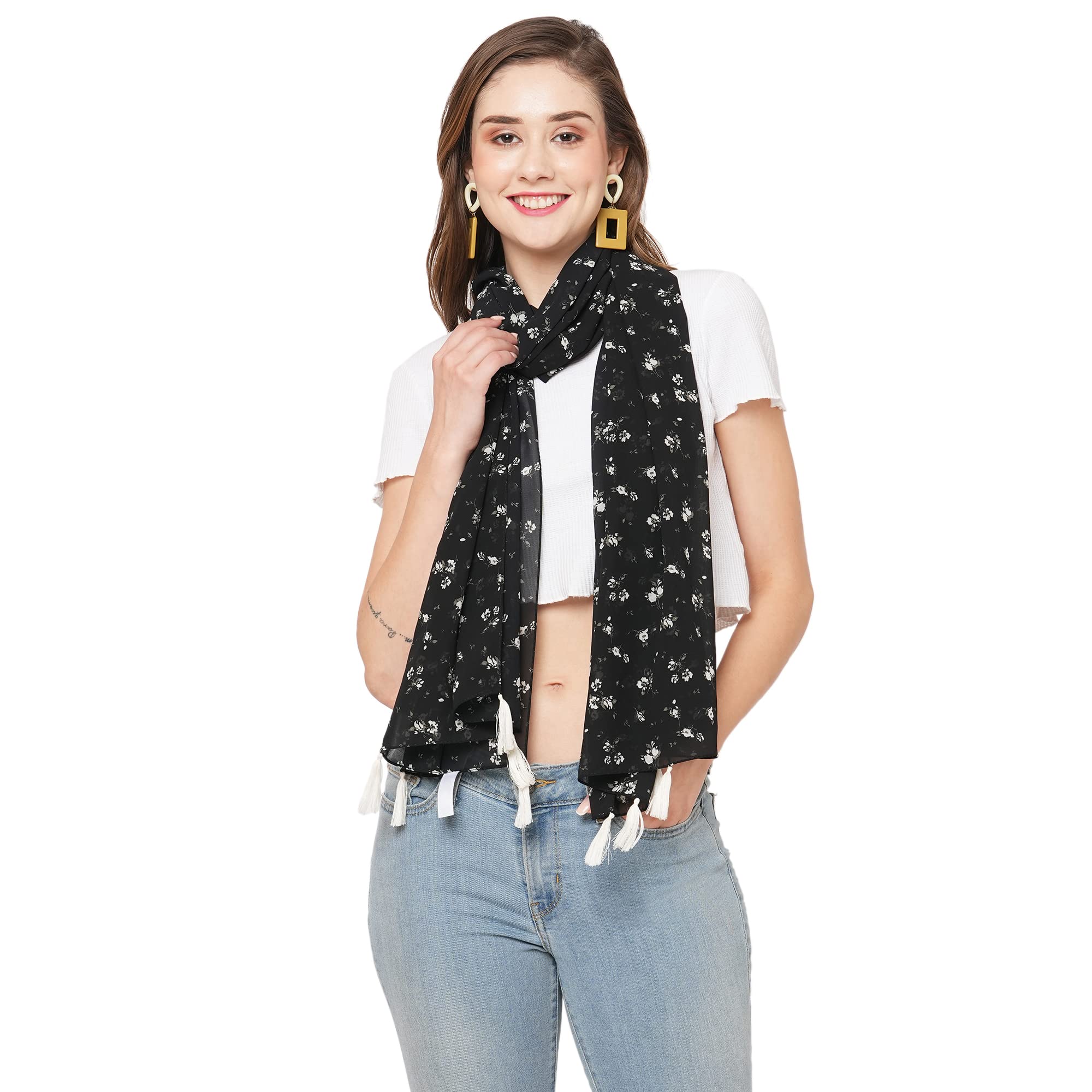 SAHIL SCARFWOMEN FANCY FLORAL PRINTED WEIGHTLESS TASSEL STOLE (22X72INCH) 45