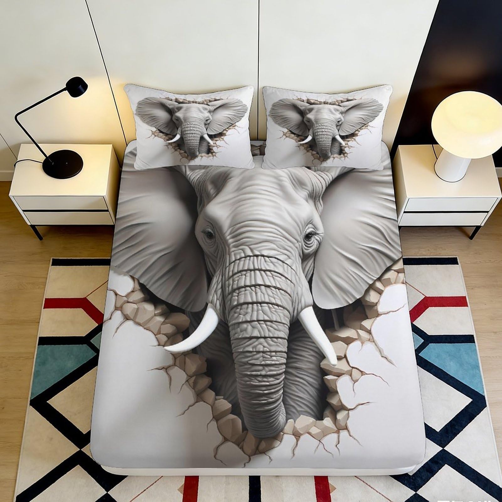 3D Printed Elephant Fitted Sheet Microfiber Non-Slip Deep Pocket Elephant Mattress Fitted Cover Elastic Hem for Bedroom Bedding 180x200x25cm