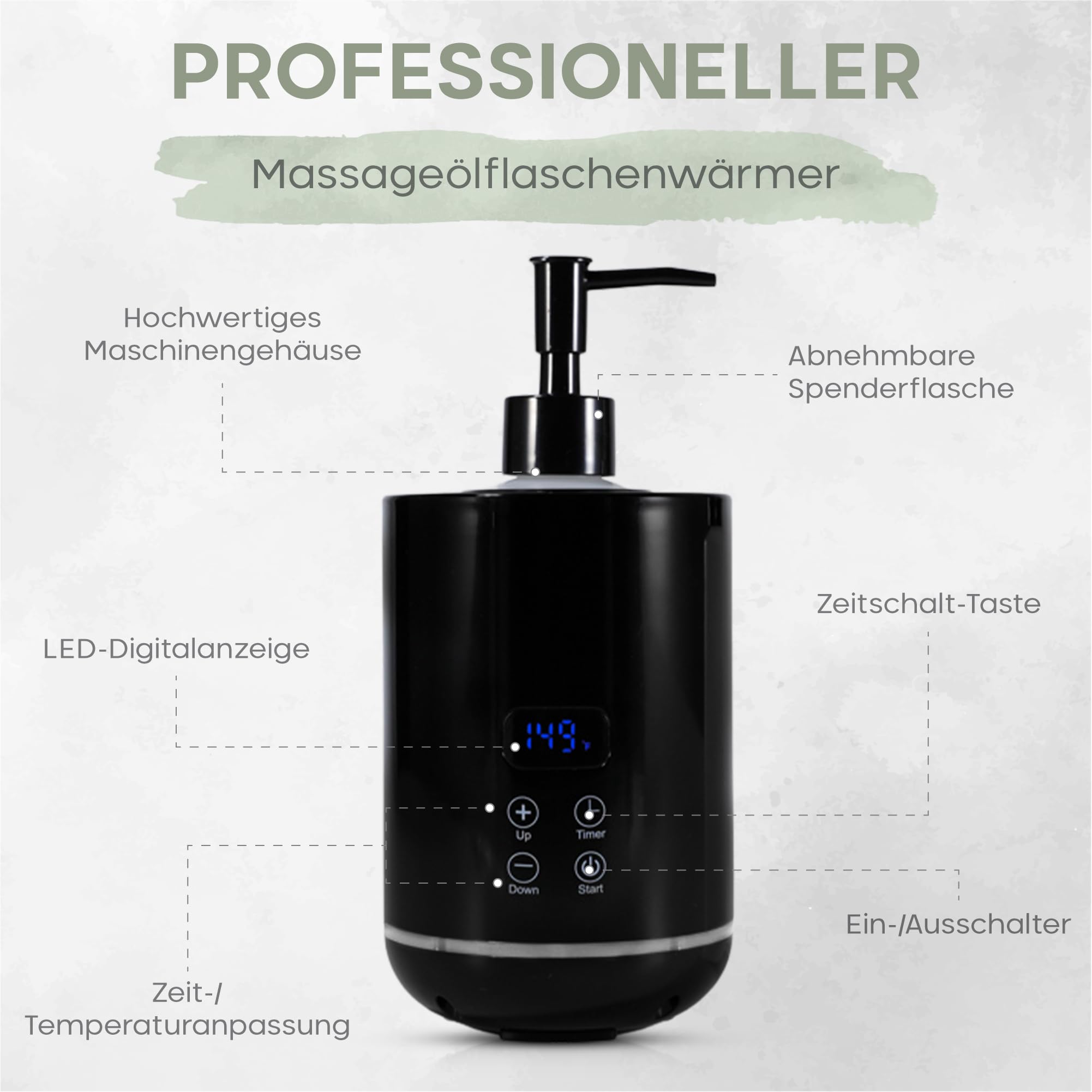 Massageöl Wärmer, 250 ml Kunststoff Flasche (2x), Fast-Heating Technologie (20 Min Aufheizen), Massageöl und ätherische Öle, Temperatur (30-65 Grad), Massage Wellness, stilvoller Erwärmer (Schwarz)