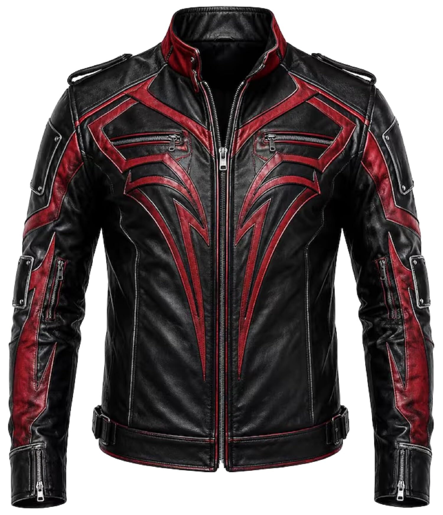 Chaqueta de cuero de lujo para hombre, inspirada en videojuegos, estilo héroe, abrigo de motociclista, color negro y rojo, ropa exterior de Halloween