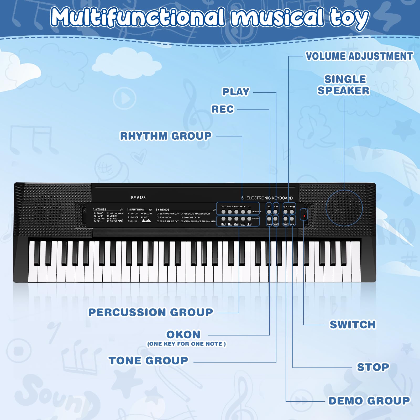61 Touches Enfants Piano Clavier, Piano Électronique Clavier Musical Jouet | Piano Enfants Musical avec Micro, Instruments de Musique Jouet Cadeau pour Débutants Garçons et Filles de 3 à 12 Ans