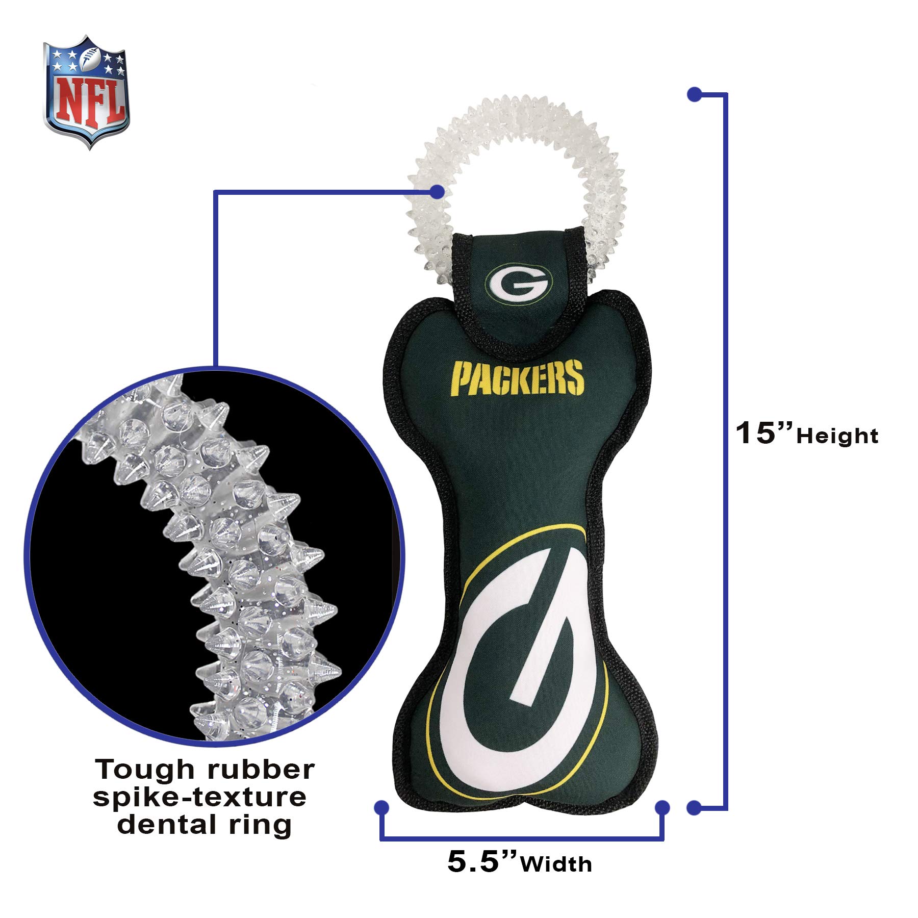 NFL Green BAY PACKERS DENTAL DOG ZABAWKA Z SQUEAKERem. Miękka zabawka PET dla zdrowej zabawy, ząbkowania i czyszczenia zębów i dziąseł zwierzęcia.