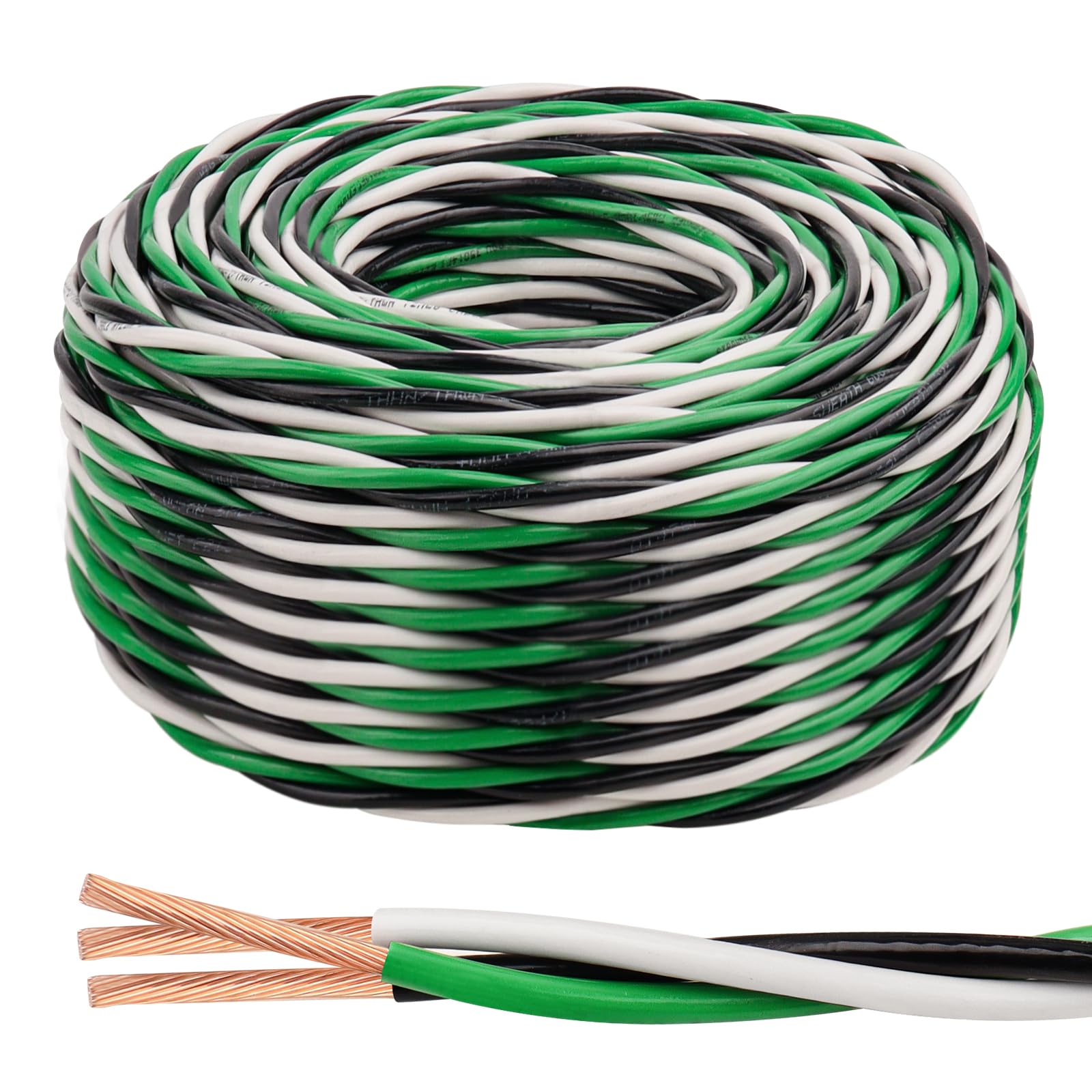 THHN Wire 10 Gauge 50 FT 3 Conductors Copper Wire Black White Green, 10 AWG Copper Wire with Ground 600V Building Wire Nylon Jacket for Residential,