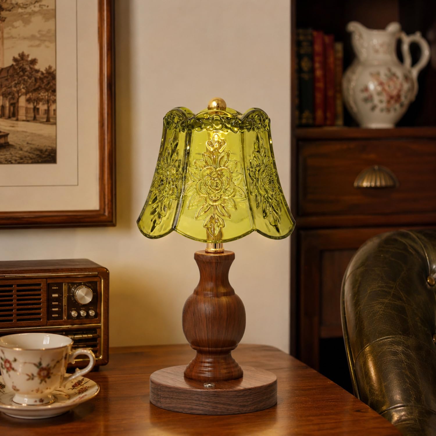 Vintage Wireless Table Lamp with Glass Lampshade, 3 Colour Temperatures, Continuously Dimmable LED Touch Bedside Lamp with 1800mAh Rechargeable Battery, Wood-Effect Decorative Table Lamp for Bedroom,A
