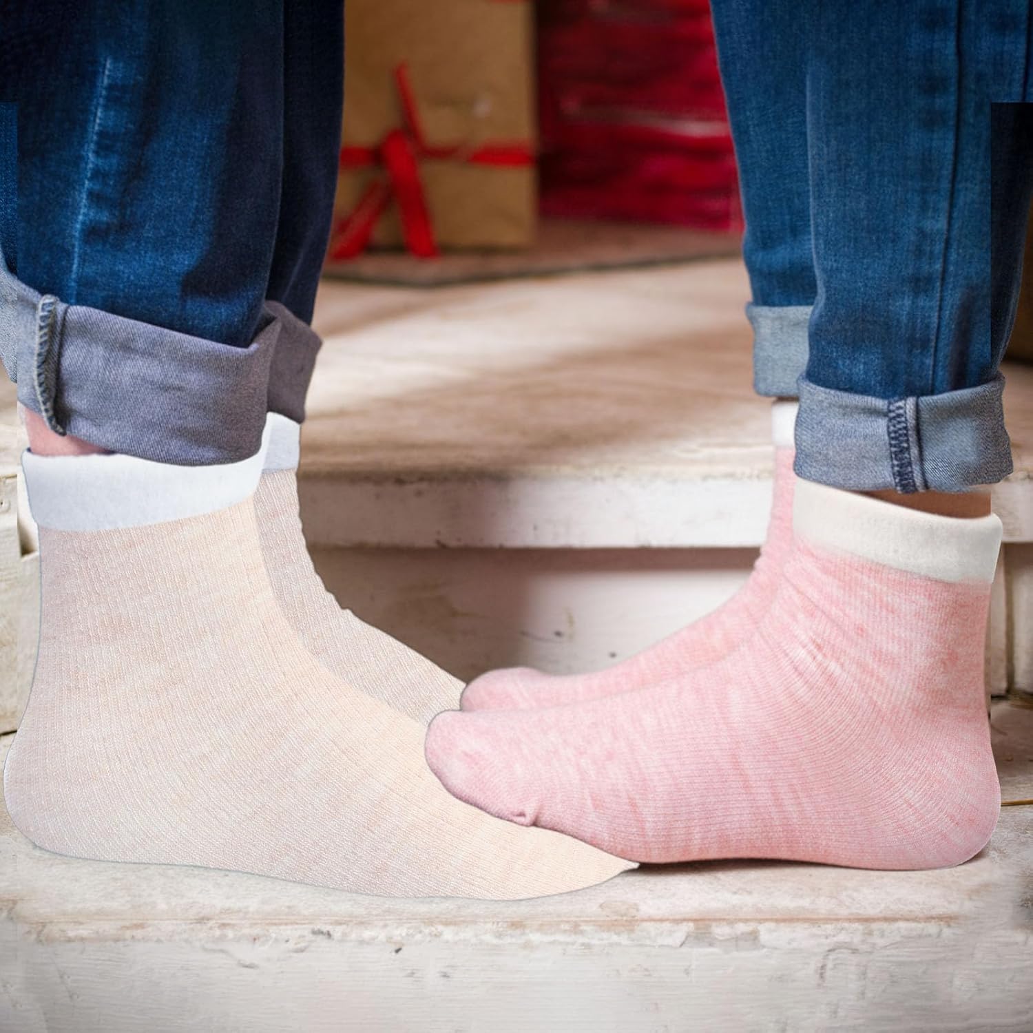 10 Pcs Women Beanie Hats Winter Scarf Gloves Ear Muffs Fuzzy Socks Sets Warm Hat Scarf Glove Sets Winter Gifts(Beige and Pink) - Image 5