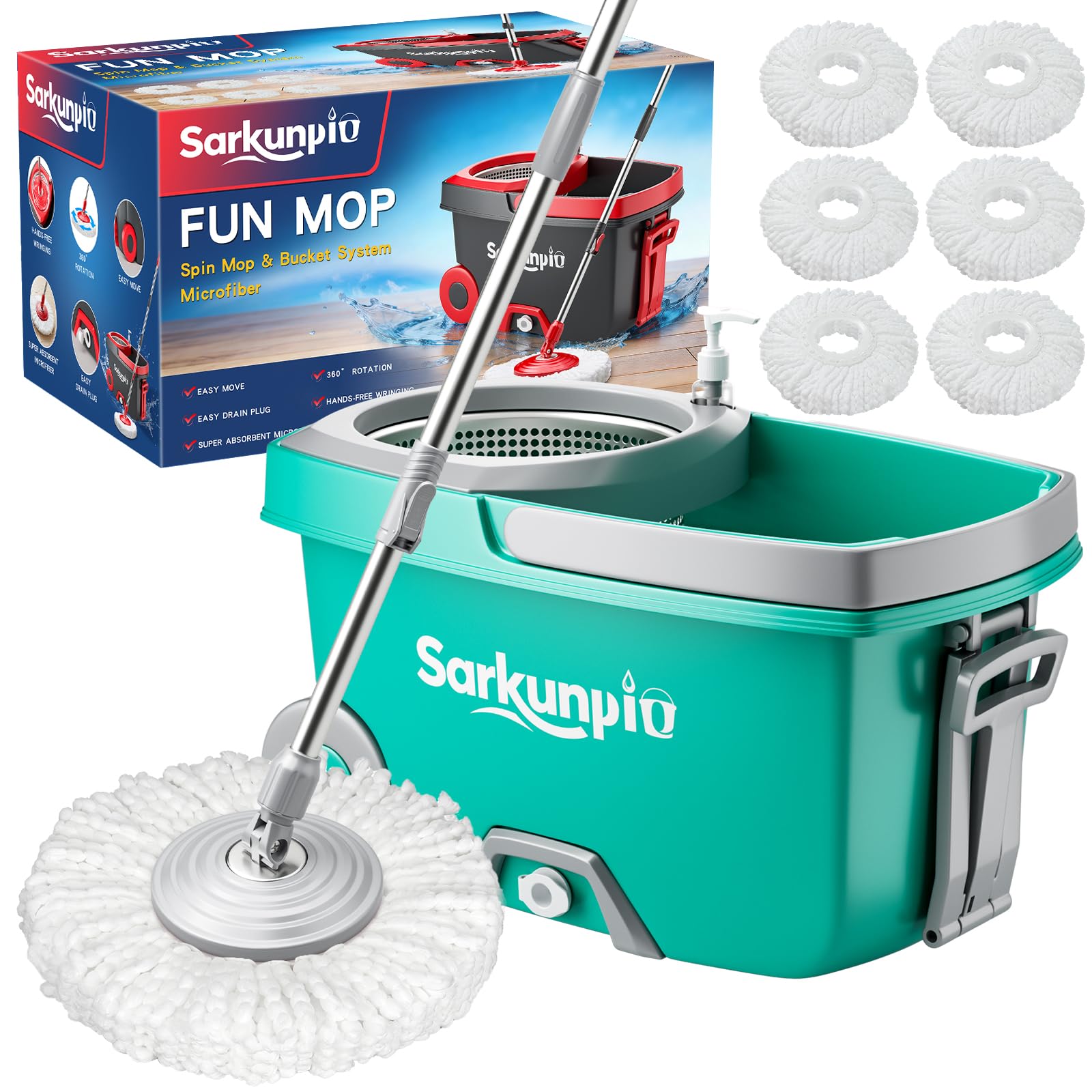Sarkunpio Mop and Bucket Set with Wringer, Spin Mop Floor Cleaning System with 6 Replacement Microfiber Heads and 61 Extra-Long Handle