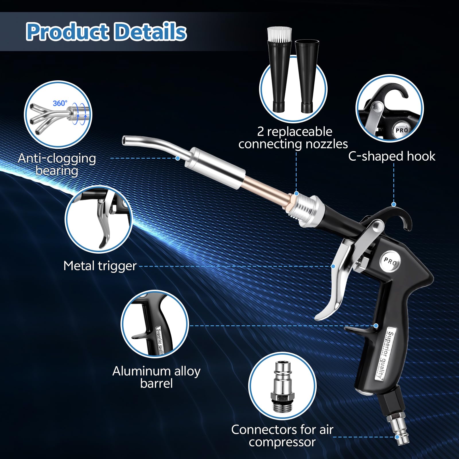 Zocipro Pistolet de Nettoyage à Air Comprimé pour Voiture, Pistolet de Séchage et Nettoyage, Outil de Détailing Auto avec 2 Buses, pour Sièges, Roues, Moteur, Tissu, Cuir et Zones Difficiles d’Accès