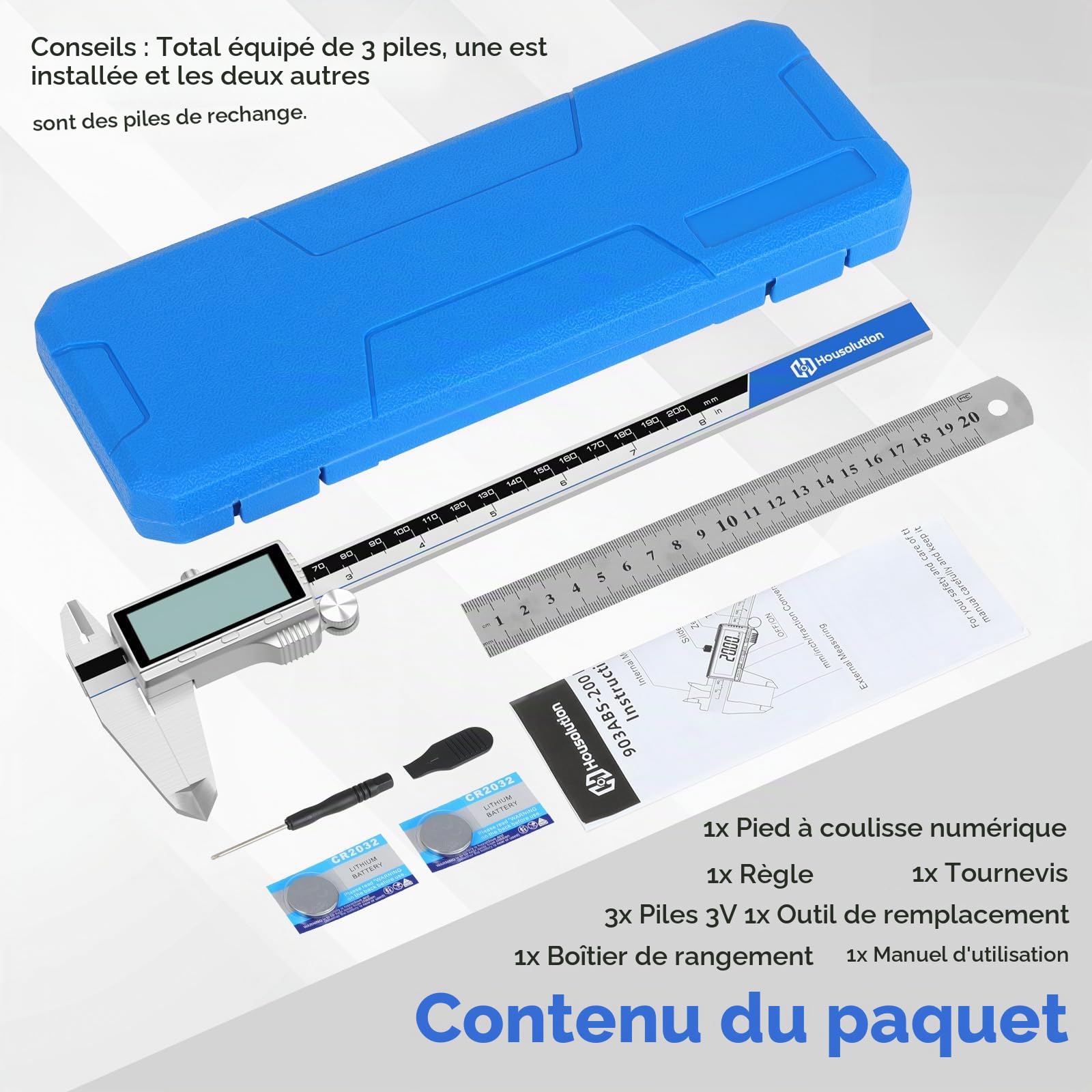 Housolution Pied à Coulisse Numérique, Outil de Mesure 8" avec Grand LCD | Commutation Pouces/MM, 4 Modes de Mesure, Micromètre en Acier Inoxidable avec Écran Éclaboussures pour Menuisiers