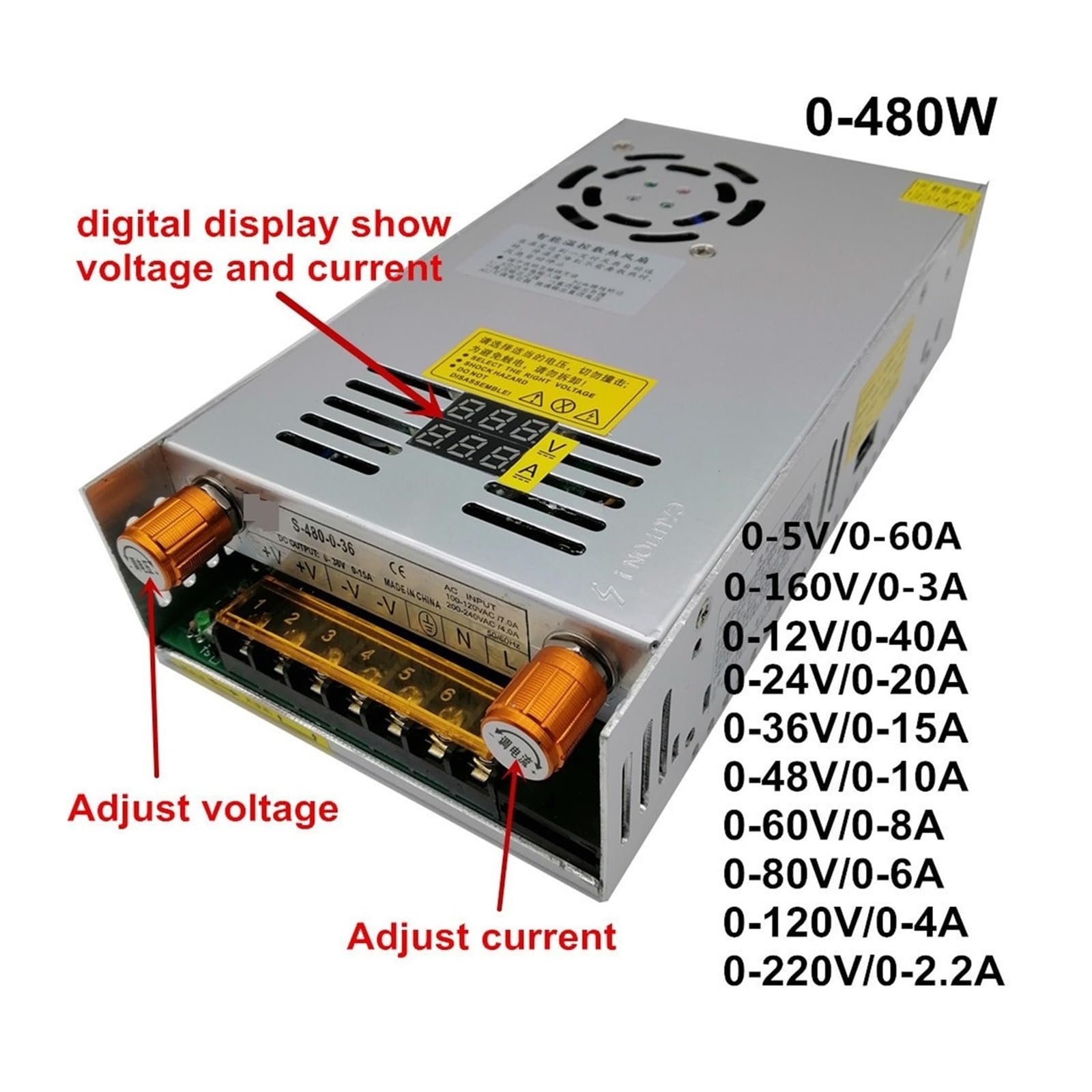 Einstellbares 480-W-Gleichstrom-Schaltnetzteil mit digitaler LED-Anzeige (0–220 V), LED-Treiber, Konverter, Transformator geringe Geräuschentwicklung(0-36V 15A)