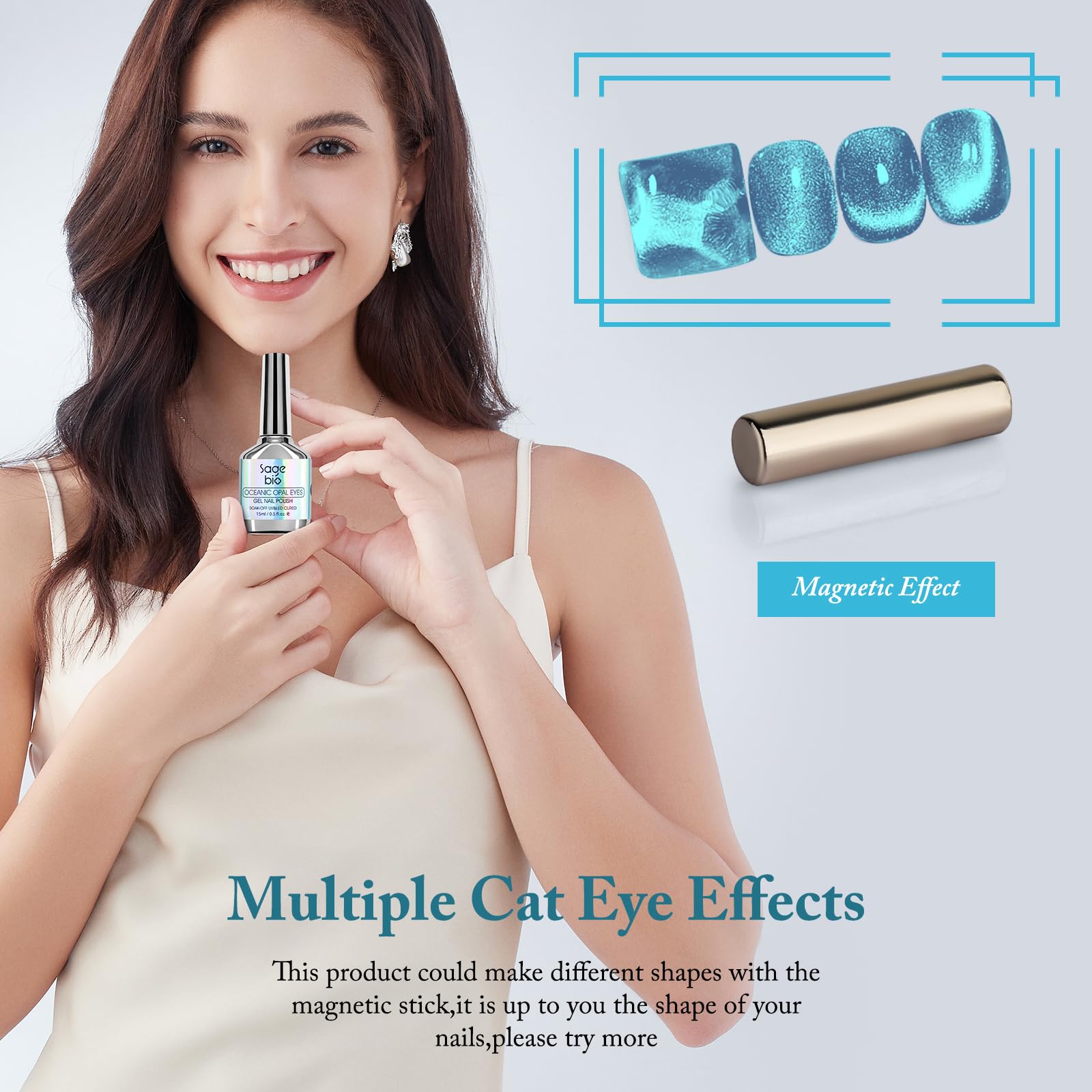 SAGEBIO Cat Eye Gel Nail Polish with Magnet Stick, 15ml Glitter Holographic Nail Polish, Magnetic Effect Gel for Home DIY Manicure Gift, Blue Tears