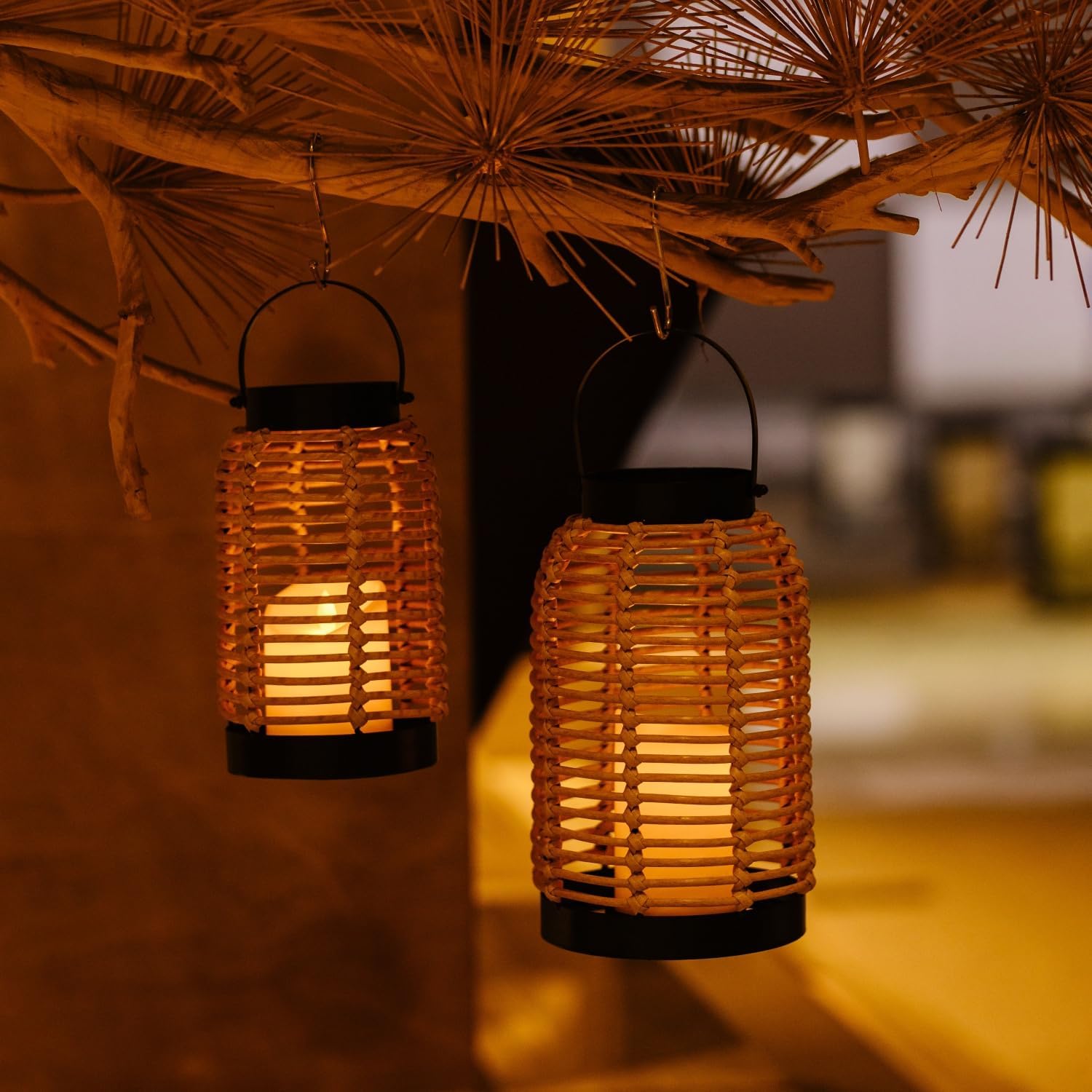 14in Lanterns Decorative for Home Decor- Decorative Candle Lanterns w/ LED Candles- Boho Rattan Woven Hanging Black Lanterns Decor for Indoor, Outdoor, Patio & Porch, Tabletop, Fireplace & Mantle