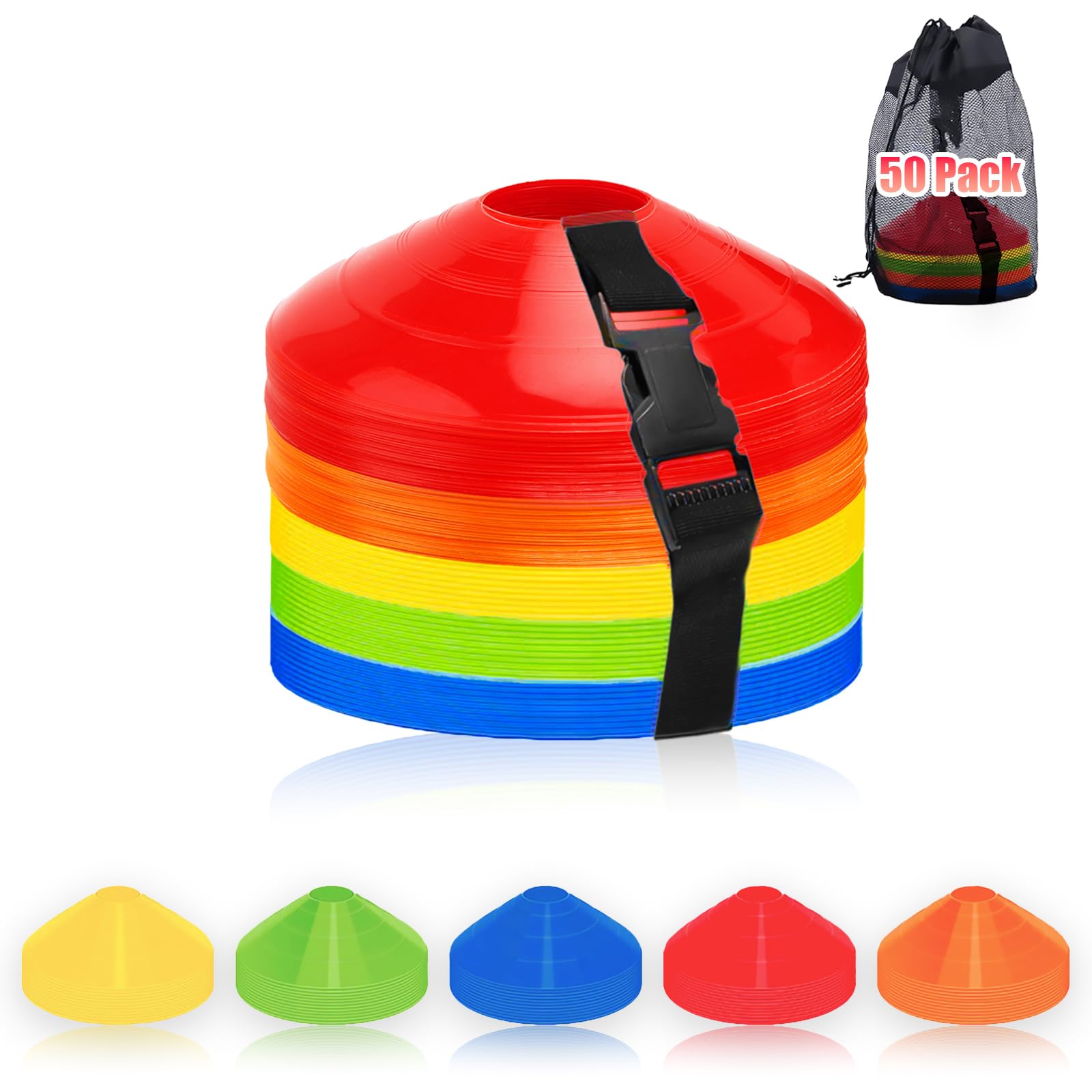 Ashsajkd Agility Soccer Cones(Set of 50)- Sports Soccer Cones with Carry Bag & Strap,Disc Sports Cone Equipment Used for Football, Basketball,Coaching-Agility Sports Cones for Indoor & Outdoor Games