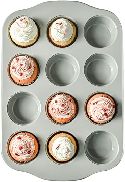 12-Cavity Non-Stick Muffin & Cupcake Pan Ceramic Coating Carbon Steel, Heavy-Duty 0.6mm Carbon Steel, Easy-Release Bakeware for Home Bakers & Holiday Treats, Grey