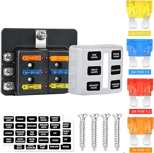 Cuchilla de caja de fusibles de 12 V de 6 vías, caja de fusibles de 12 V con indicador LED, cubierta de humedad y polvo, soporte de caja de fusibles