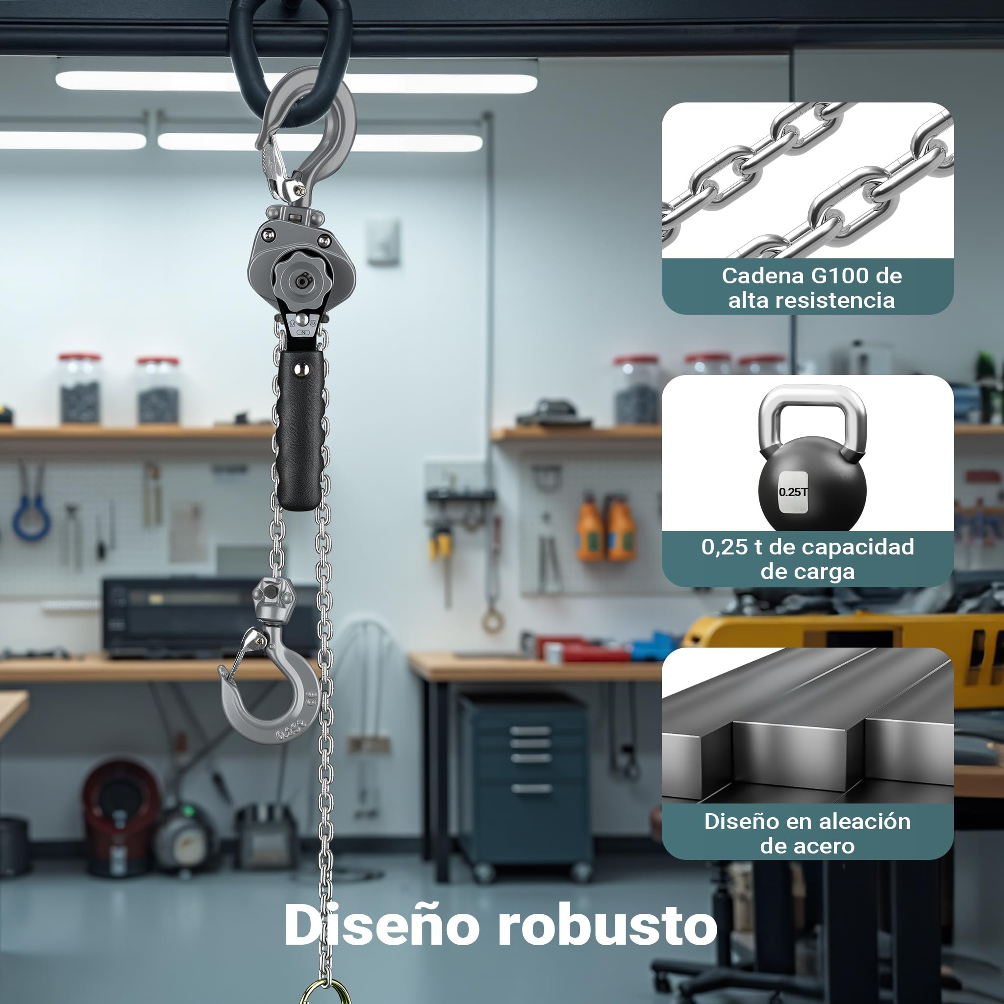 Wiltec Mini polipasto de palanca 250 kg con cadena G100 y carcasa de aluminio cabrestante manual de 1,5 m de elevación sistema de freno y engranaje reductor para mayor seguridad y facilidad de uso