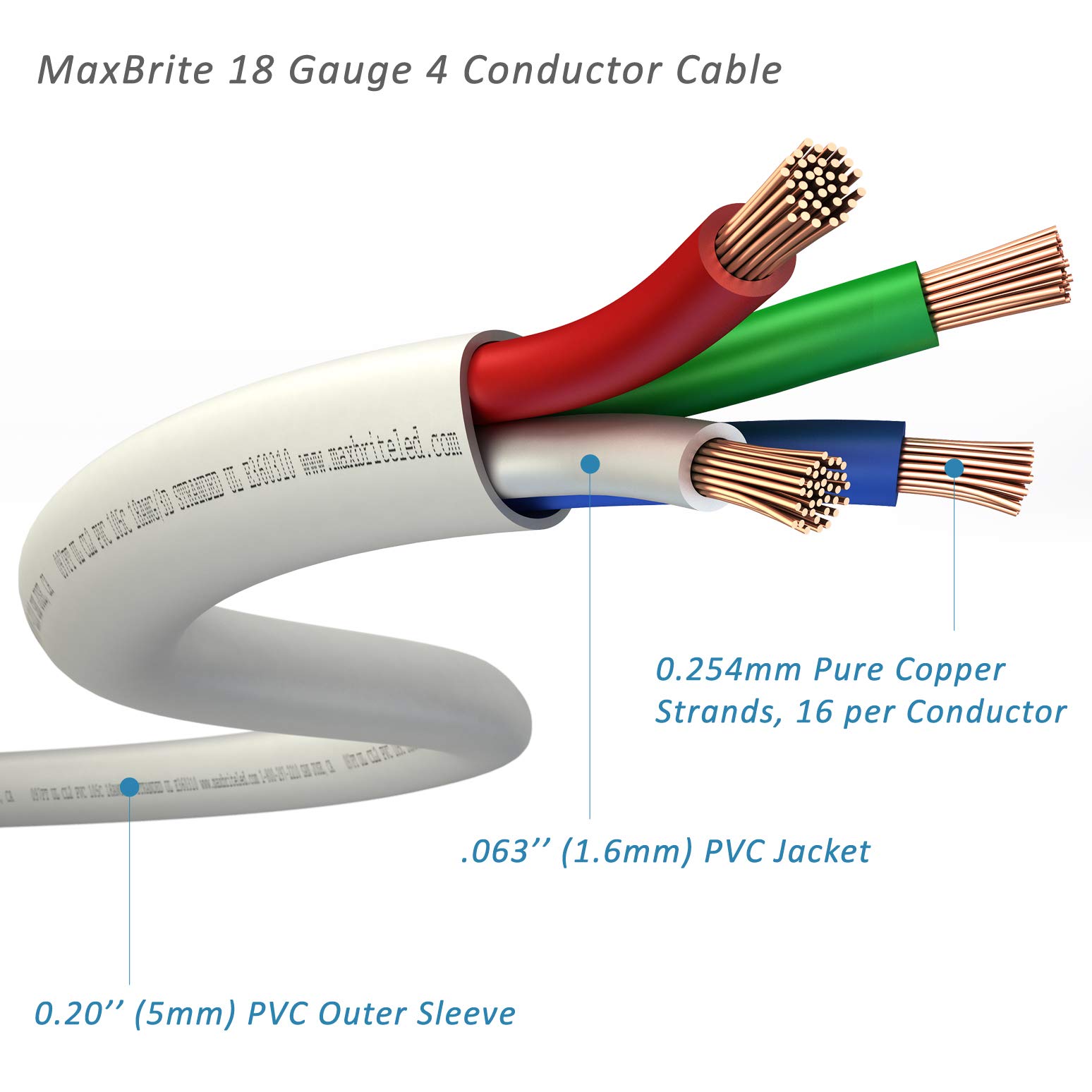 Cable LED de bajo voltaje de 500 pies, 18 AWG, 4 conductores en la pared, cable de altavoz de cobre puro con revestimiento UL, clase 2