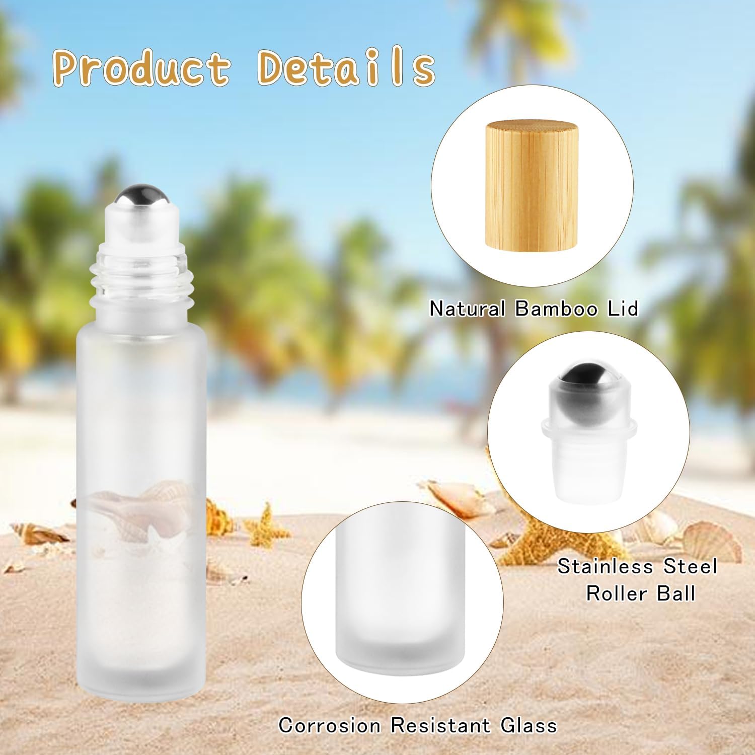 20 Pcs 10ml/0.34oz Essential Oil Roller Bottles Glass Roll On Bottle Empty Refillable Cosmetic Containers with Stainless Steel Roller Ball and Bamboo Lids for Perfume - White Frosted