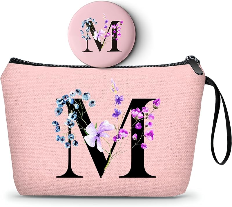 Necessaire de maquiagem SEAMOON rosa com inicial M, espelho e zíper