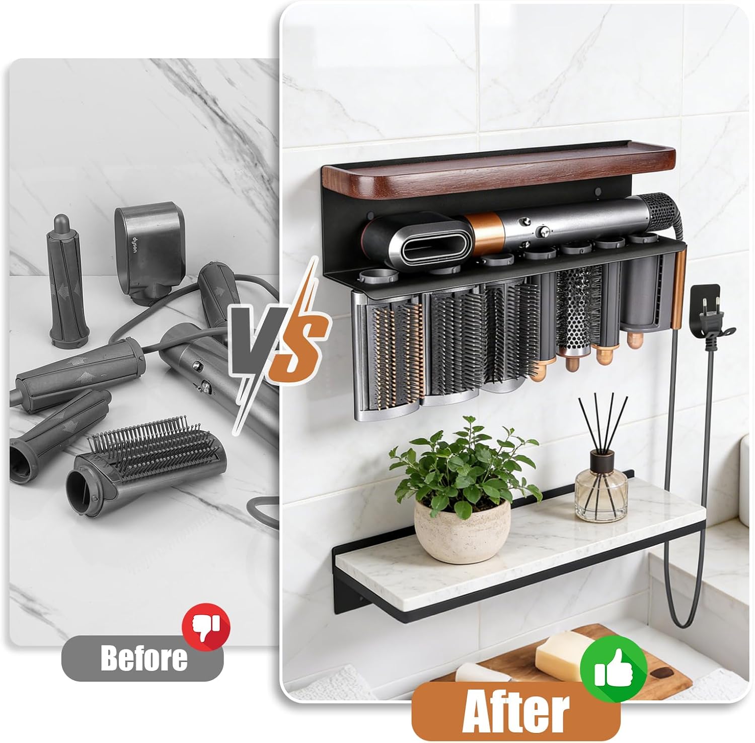 Wall Mount Holder for Dyson Airwrap Styler - Wood & Metal Organizer Rack for Hair Curling Iron & Attachments - Bathroom Hair Tool Storage, Compatible with Dyson Airwrap
