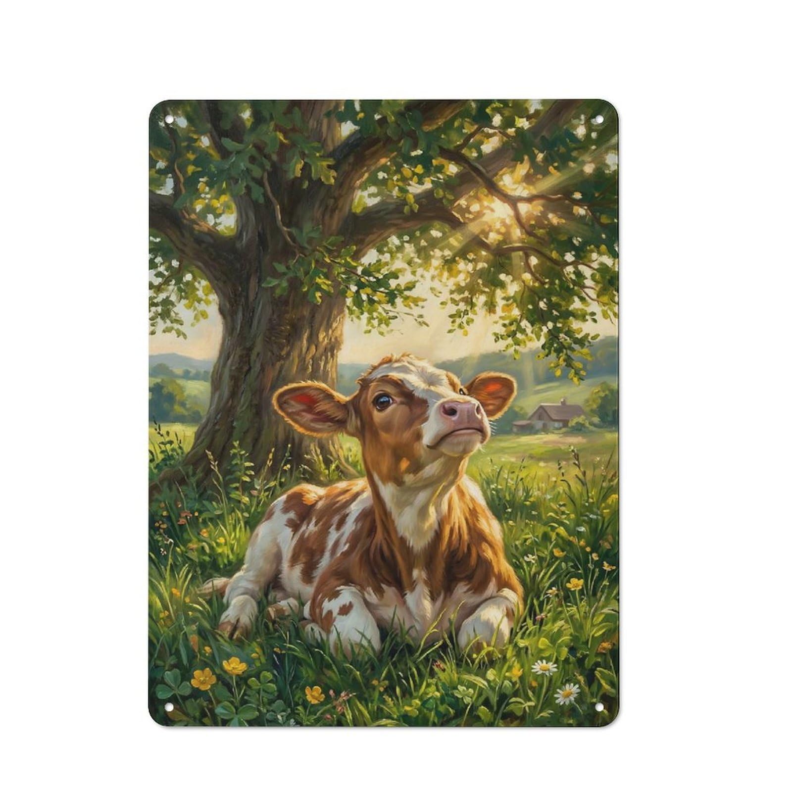Junmoney Style-2 Vintage Tin Sign With Cute Calf In A Sunny Meadow Design 40X30cm, Vintage Cafe Wall Decor For Coffee Bar, Kitchen, Bistro Or Tea Corner
