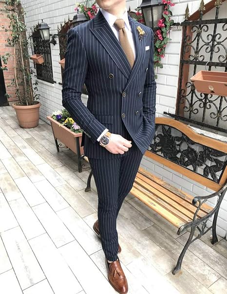YZHEN Uomo Abito a Righe Doppio Petto Bavero Picco Due Pezzi Set lencicol  Uomo Moda