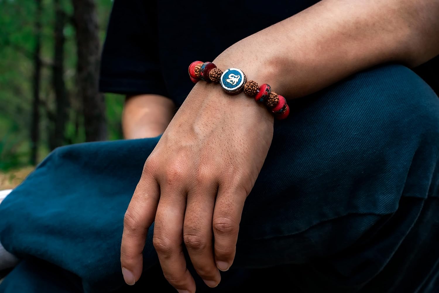 Tibetan Mala Embedded Medicine Wrist Mala for Meditation Handmade Draw String Silk Pouch (Om Charm) - Image 6