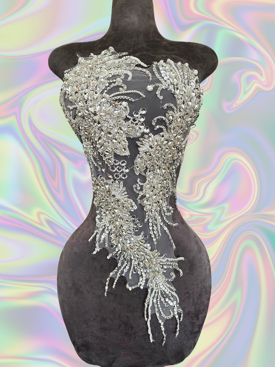 Large Handmade Beaded Crystal Patches with Rhinestone Applique Designs for Prom Formal Dress 1PCS/Bag (Silver)
