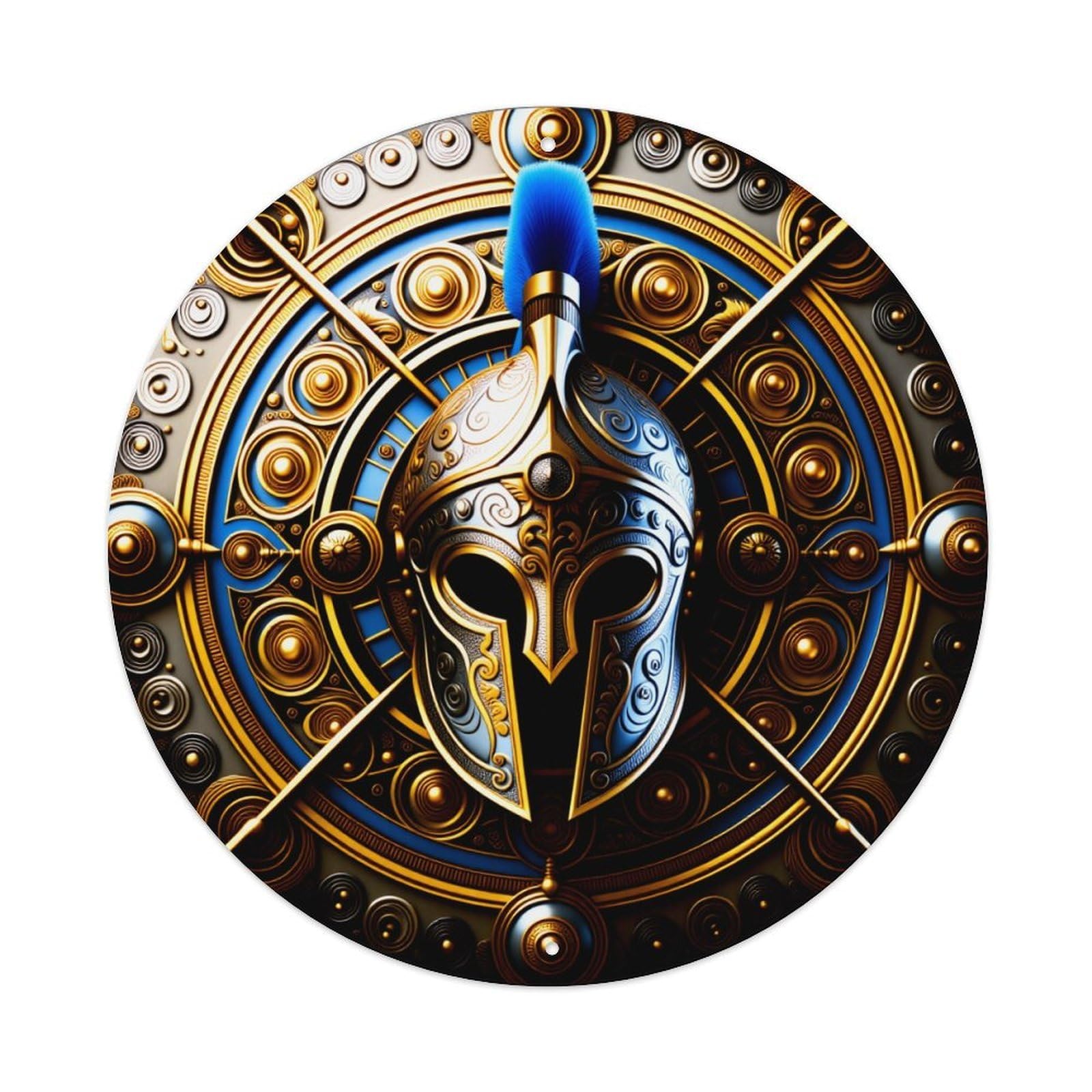 Golden Helmet With Blue Plume And Circular Ornate Design Round Vintage Tin Sign,Retro Wall Art,Metal Poster for Home, Bar, Garage, Cafe, Rustic Indoor & Outdoor Decor, 8x8 Inches