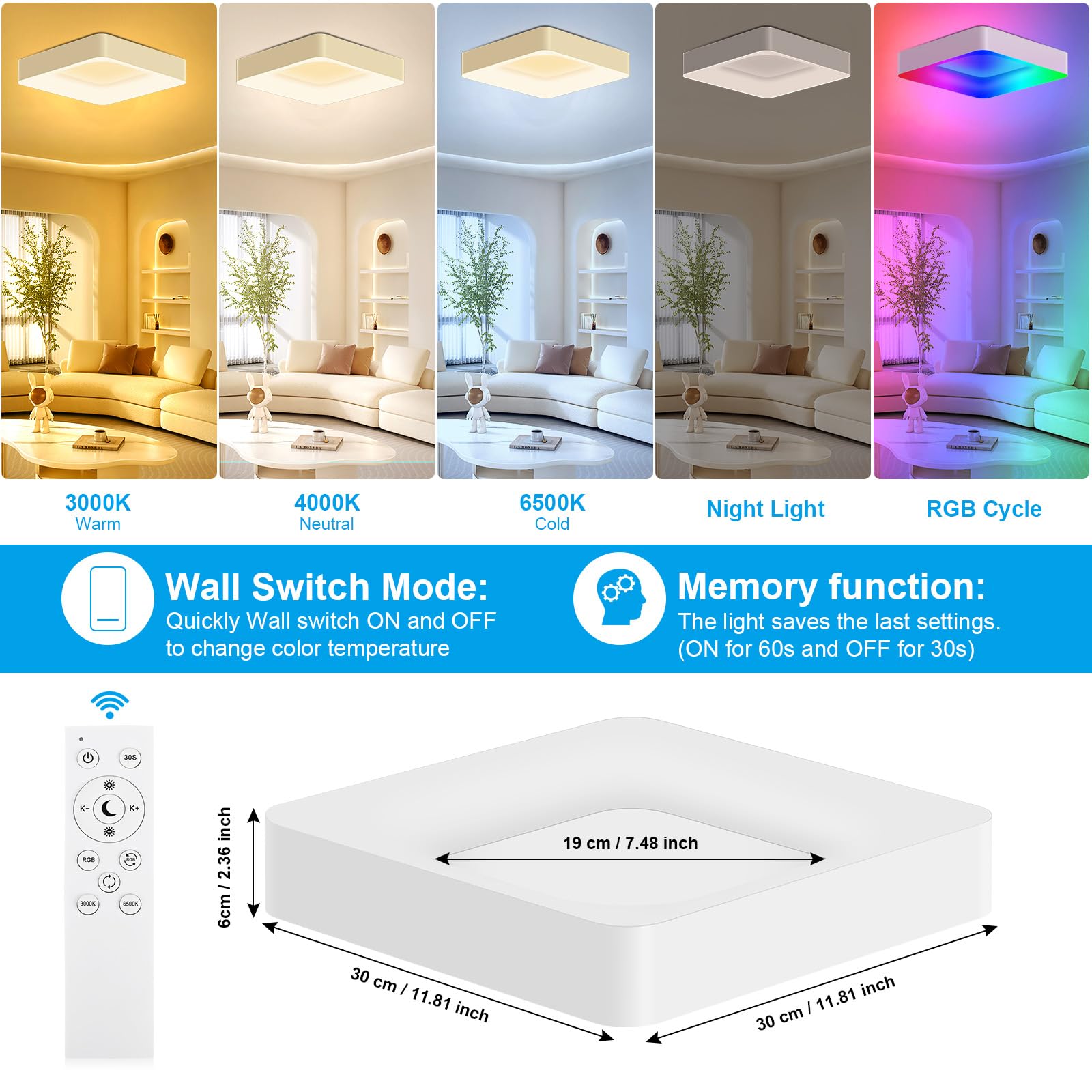 Plafonnier LED RGB 24W à intensité variable avec télécommande 2400 lm, LED plafond intensité variable 3000K-6500K, changement de couleur RGB, pour chambre d'enfant salon cuisine 28x28cm blanc