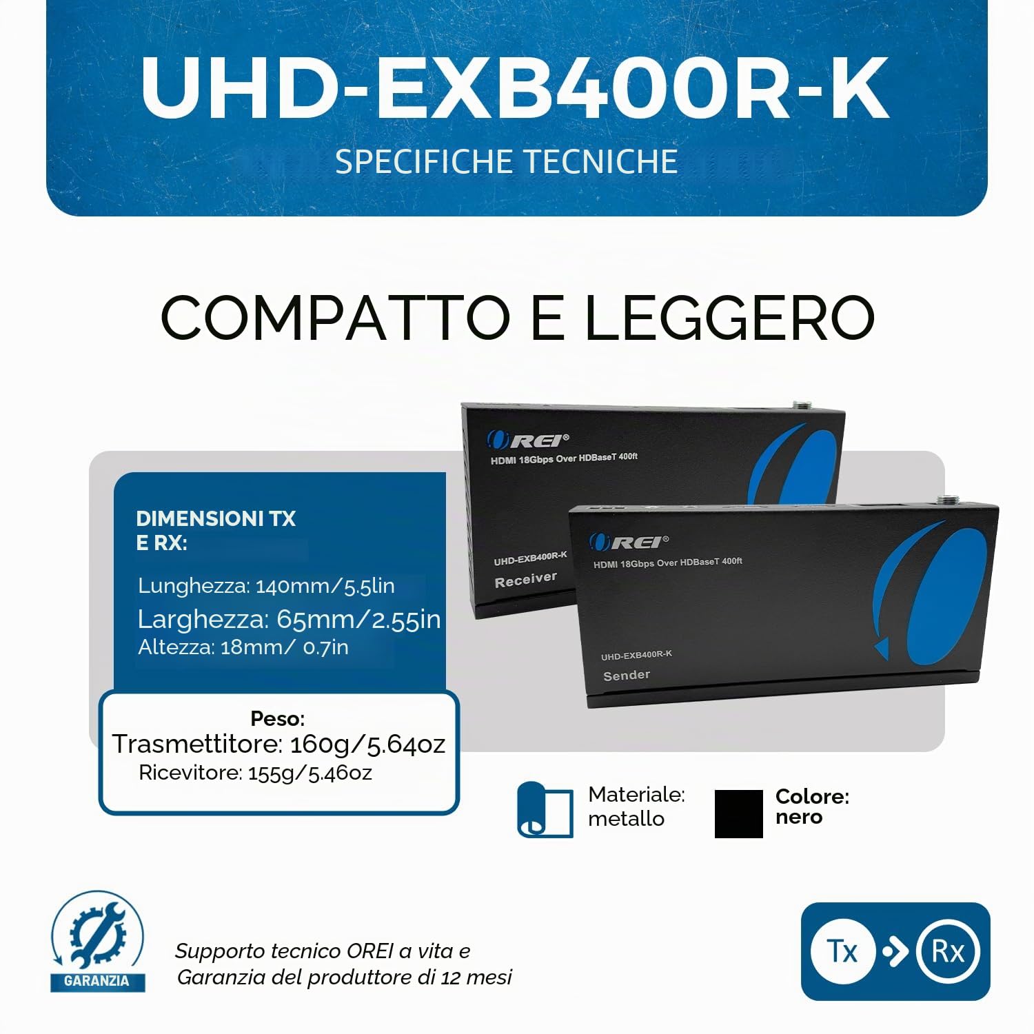 Orei - Extender balun HDMI 4K - HDBaseT UltraHD 4K @ 60Hz 4:4:4 su singolo cavo CAT5e/6/7 con controllo HDR, CEC e IR, RS-232 - fino a 122 m - Loop Out - Power Over Cable - Uscita audio