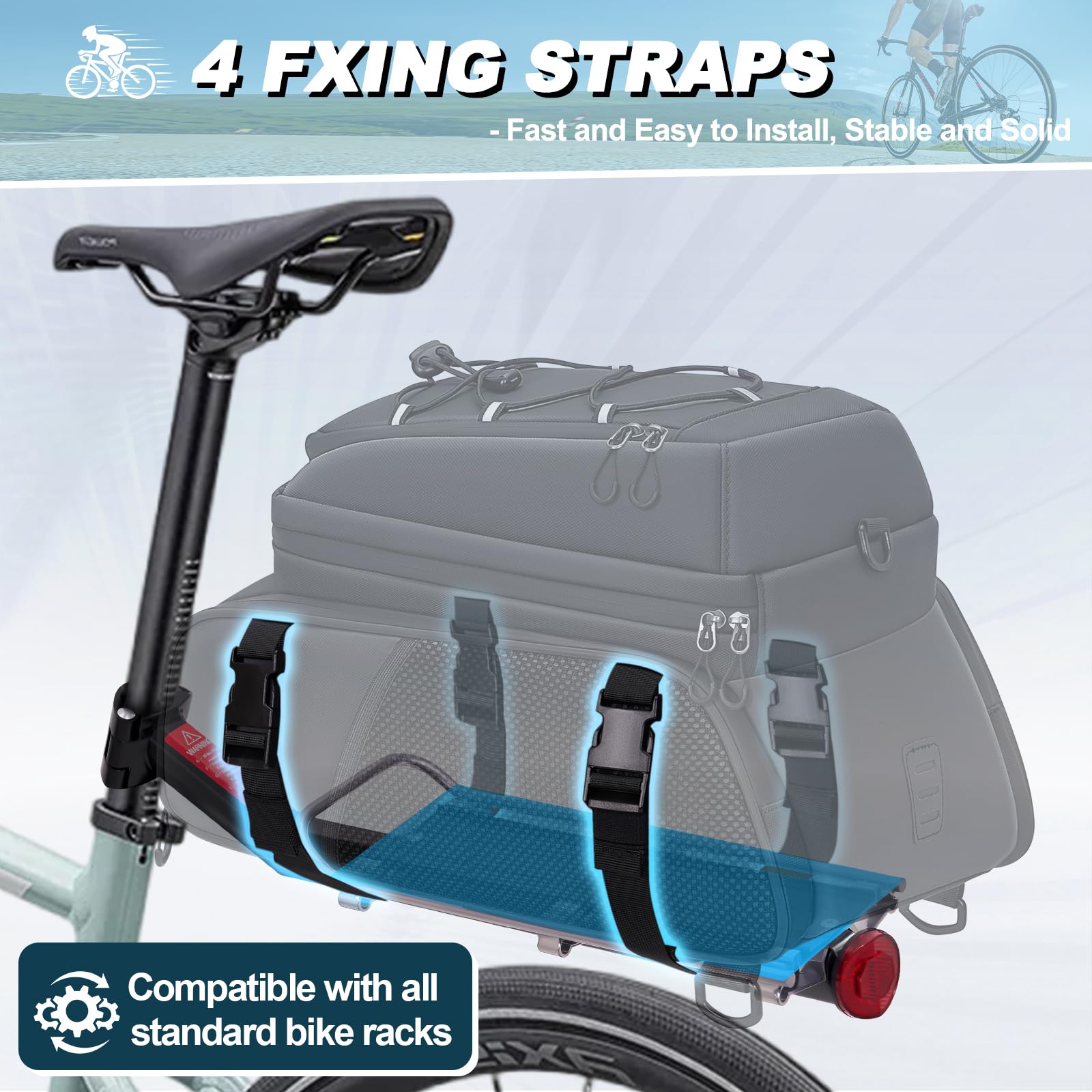 RAINSMORE 3 en 1 Alforjas Bicicleta 15L Bolsa Trasera con Cubierta de Lluvia y Bandolera, Impermeable y Reflectante, como Maleta Bicicleta,Bolso Bandolera