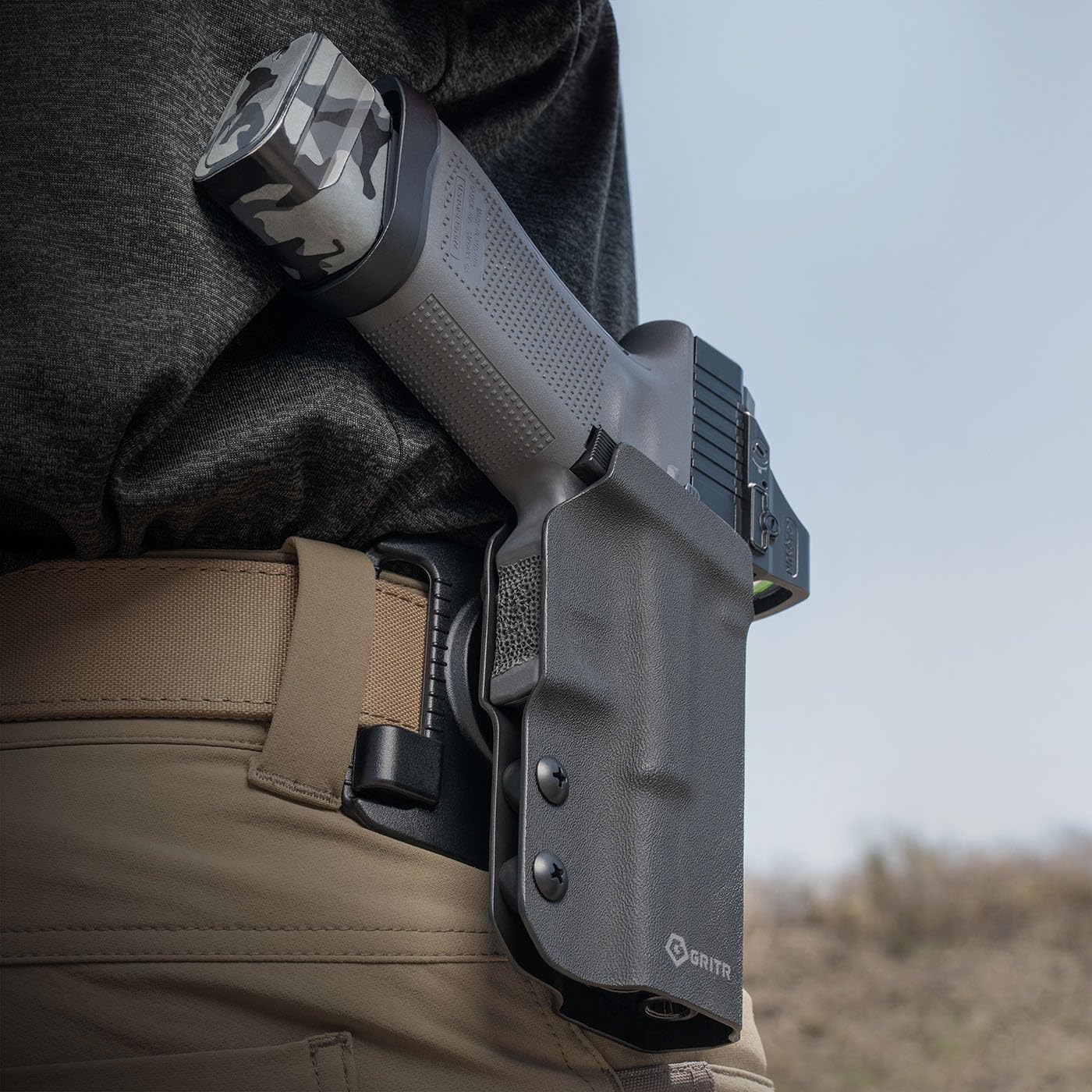 GRITR OWB Kydex Right/Left Hand Gun Holster Fits Glock 19 - Optic Cut, Compatible with Safariland QLS/G-Code RTI Attachments, Adjustable Belt Loops, Open Bottom, Adjustable Cant