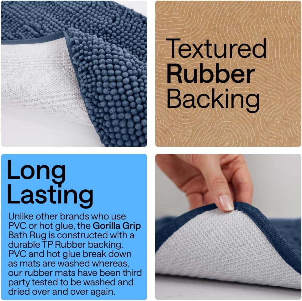 GORILLA GRIP Bath Rug Mat 36x24, Soft Absorbent Chenille, Quick Dry Microfiber Mats, Rubber Backing Washable Shower Floor Rugs, Bathmat Runner, US Designed Bathroom Home Decor Accessories Navy Blue