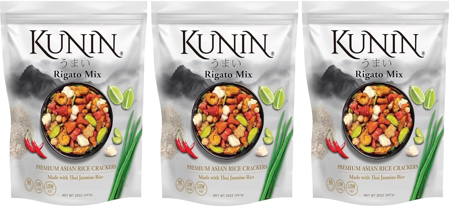 (Pack of 3) KUNIN Rigato mix, Premium Asian Cracker Made With Thai Jasmine Rice, 20 oz - Low Sugar, Low Fat, No Cholesterol