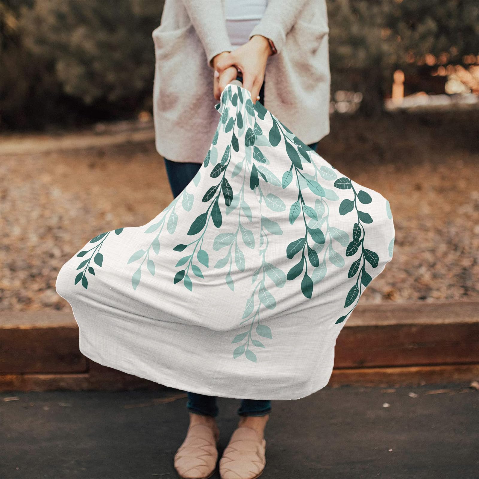 Nursing Cover for Breastfeeding Scarf, Light Green Silhouette Agate Green Leaves Baby Car Covers Super Soft Multi Use for Canopy Shopping Cart Cover Blanket Stroller Cover